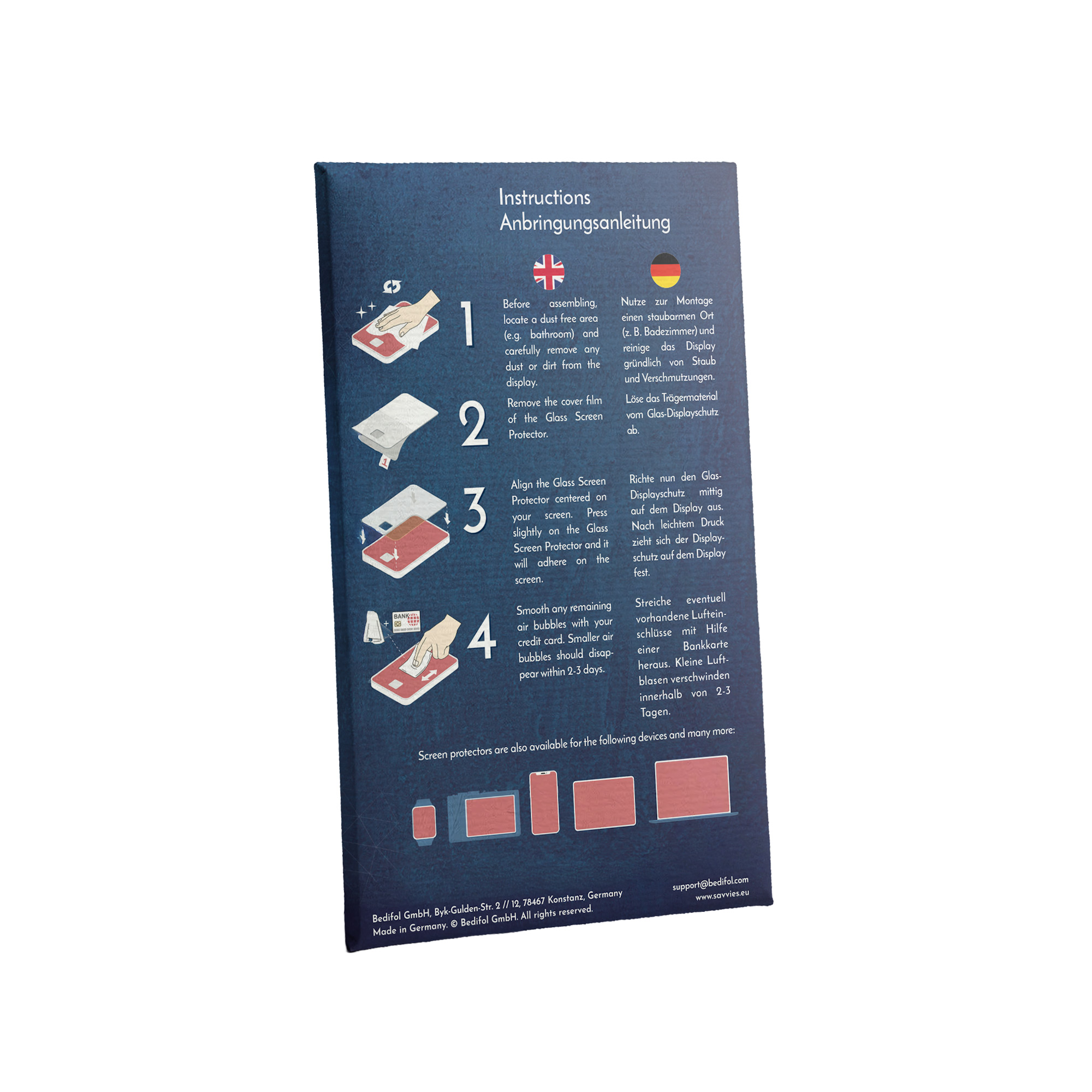 Anleitung zur Montage eines Displayschutzes mit 4 Schritten und Icons.