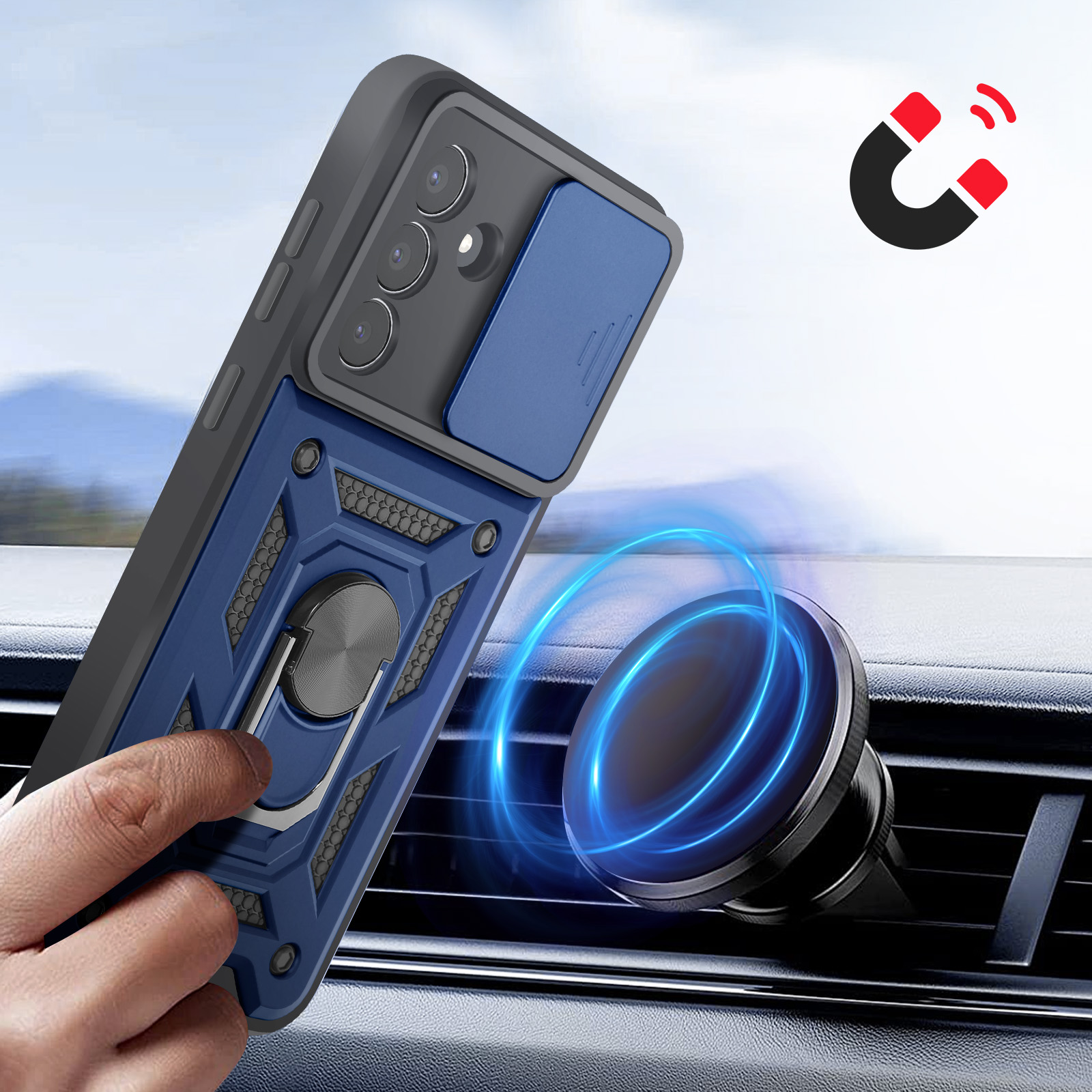 Blauw telefoonhoesje met ringhouder op auto-ventilatiehouder. Magnetische aantrekking getoond.