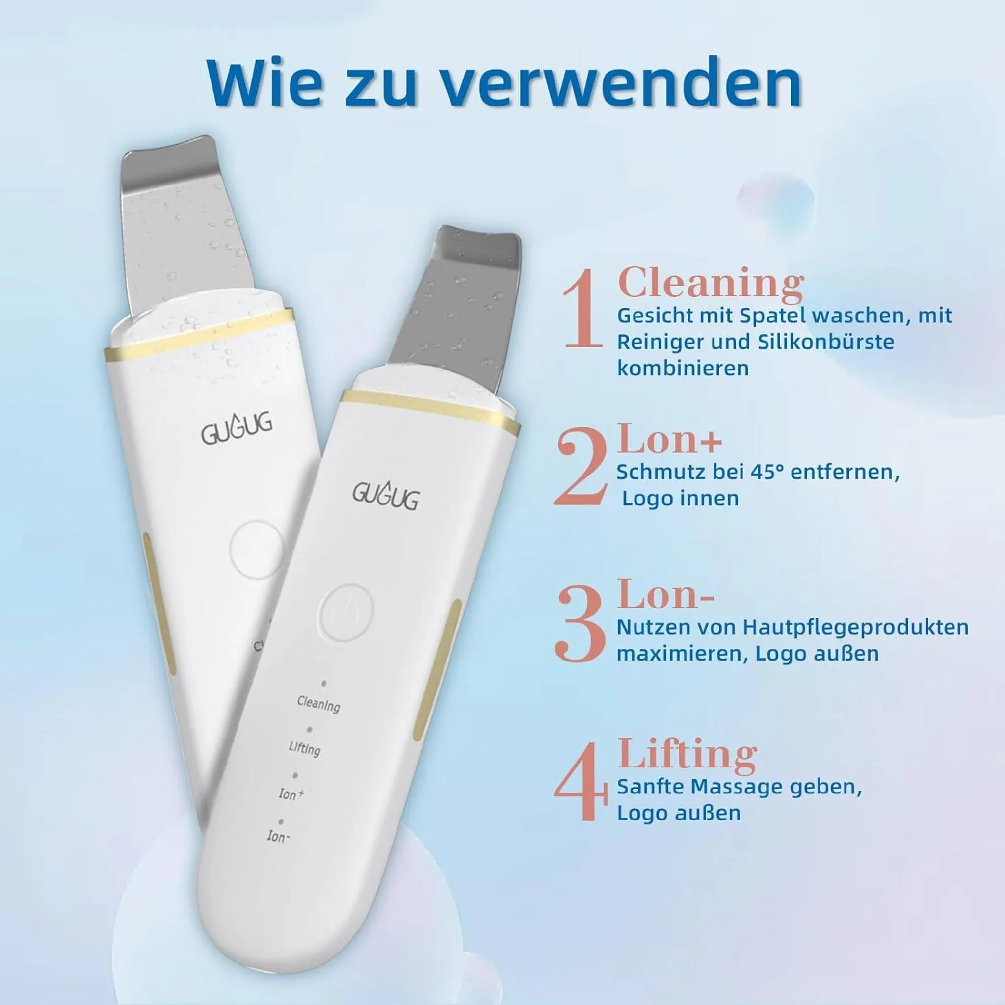 Zwei weiße Hautpflegegeräte mit Metallspitze und goldenen Akzenten, daneben vier Schritte.