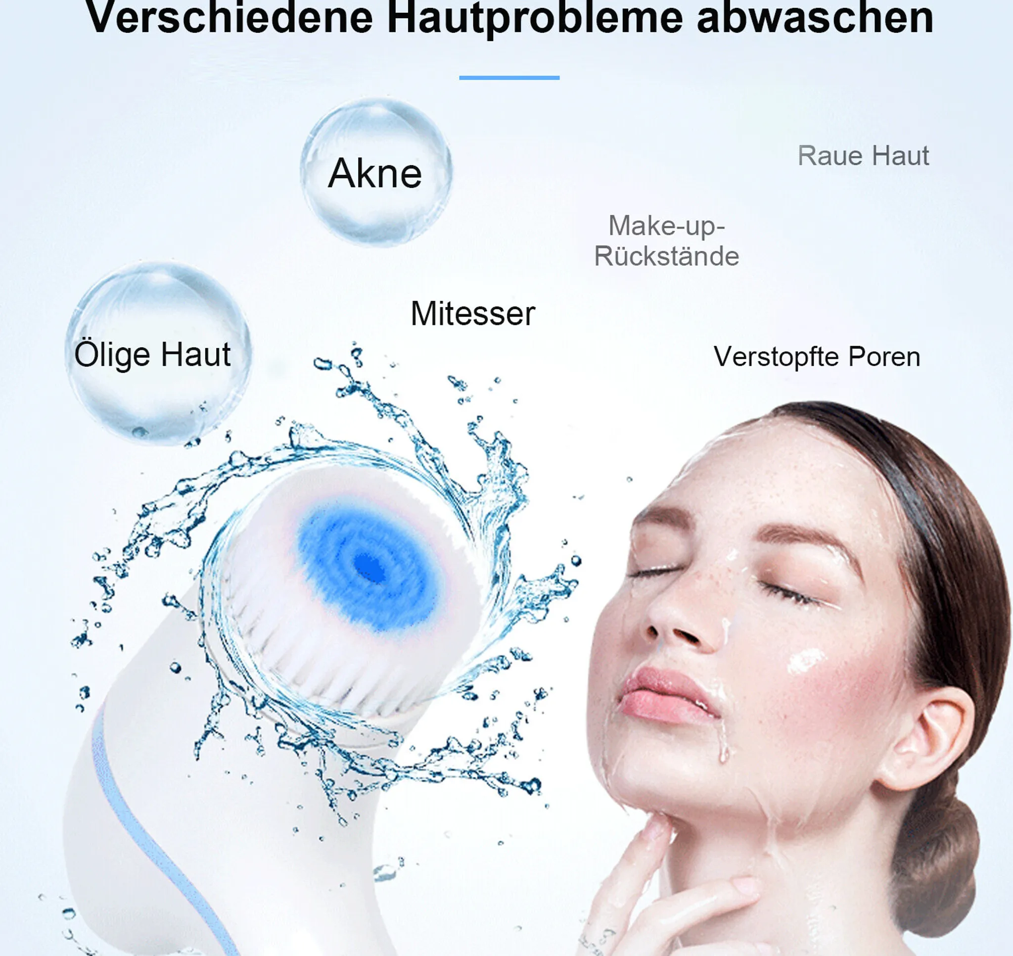 Gesichtsbürste mit Wasser spritzt, Frau mit geschlossenen Augen