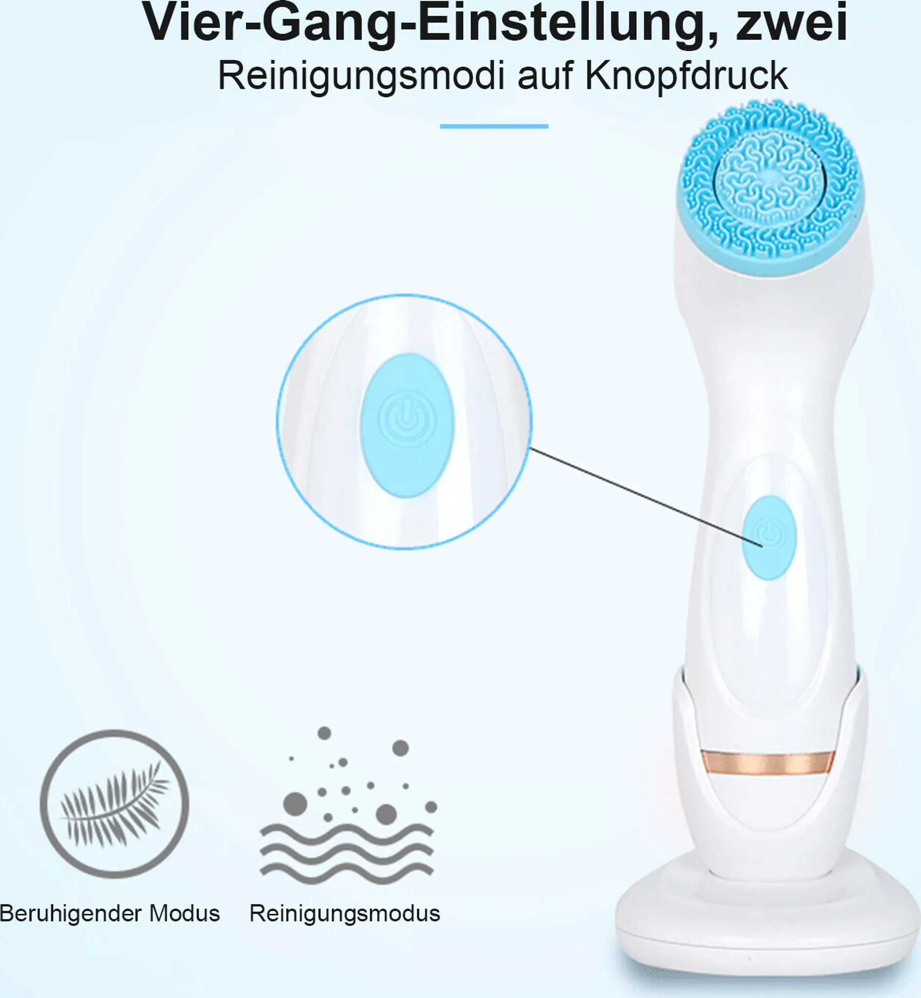 Ein weißes Reinigungsgerät mit blauem Bürstenkopf und Lade-Standfuß.