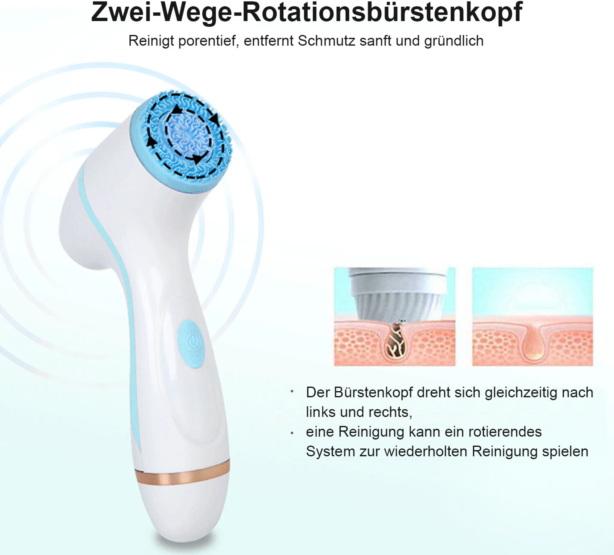 Elektrische Gesichtsreinigungsbürste mit blauem Bürstenkopf und Hinweisen zur Hautreinigung.
