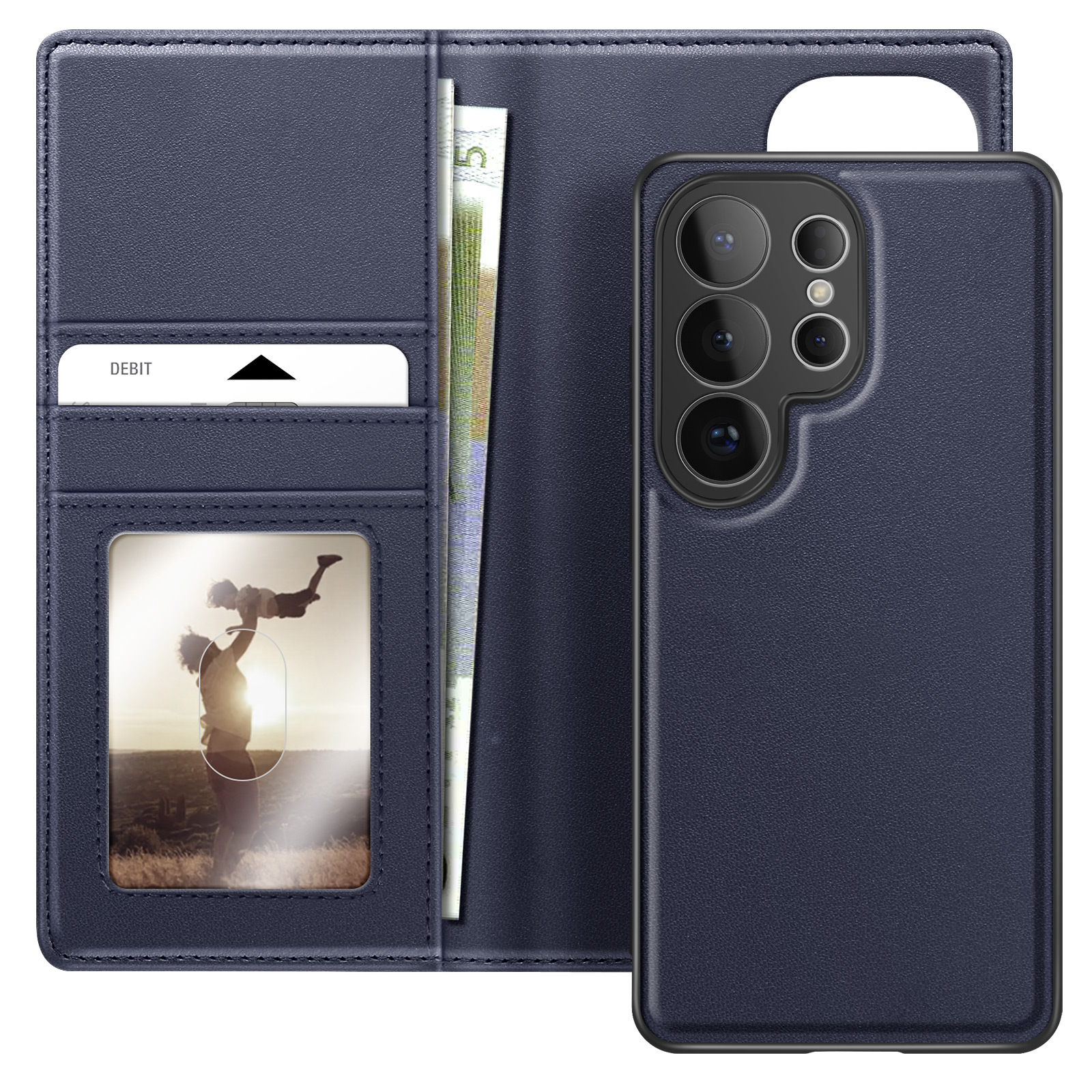Custodia blu scuro per telefono con slot per carte, foto e banconote.