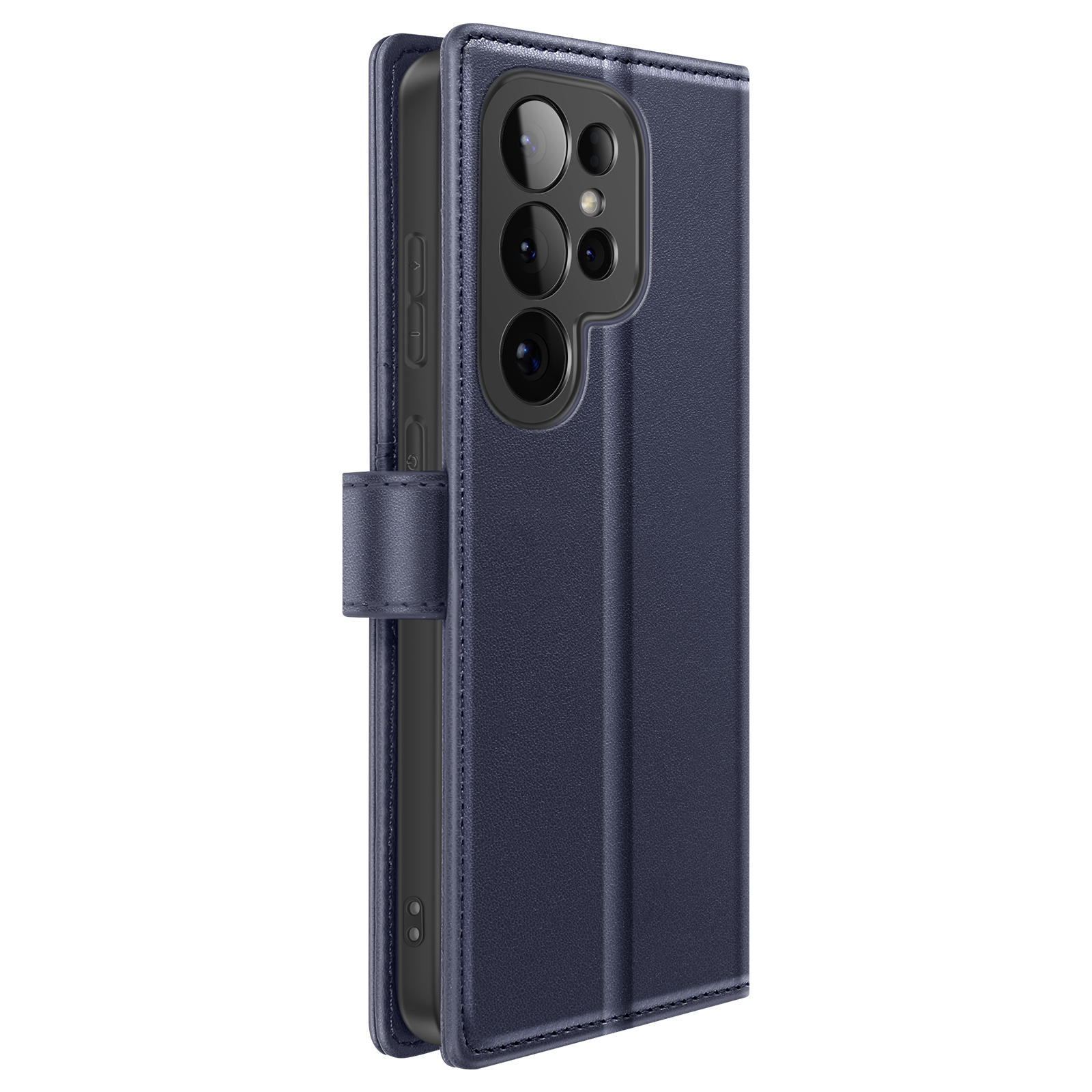 Custodia a libro in pelle blu scuro per smartphone con fotocamere visibili.