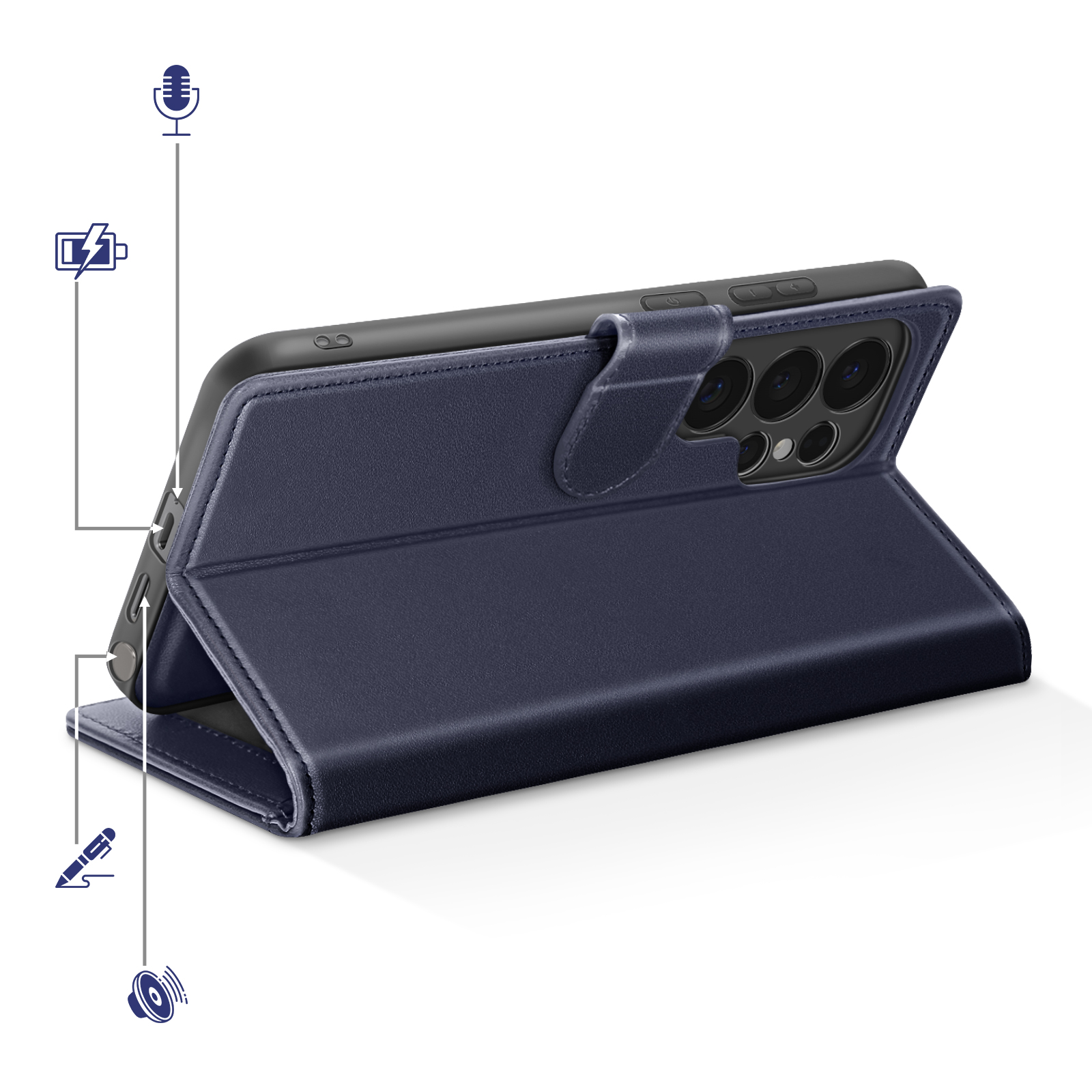 Custodia a libro blu scuro per telefono con ritaglio fotocamera e supporto.