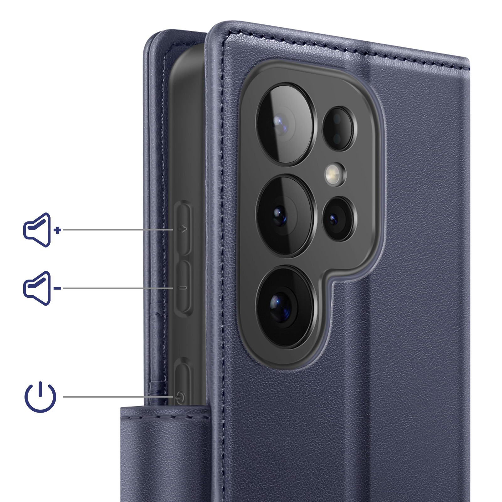 Custodia blu scuro che mostra fotocamera e tasti volume.