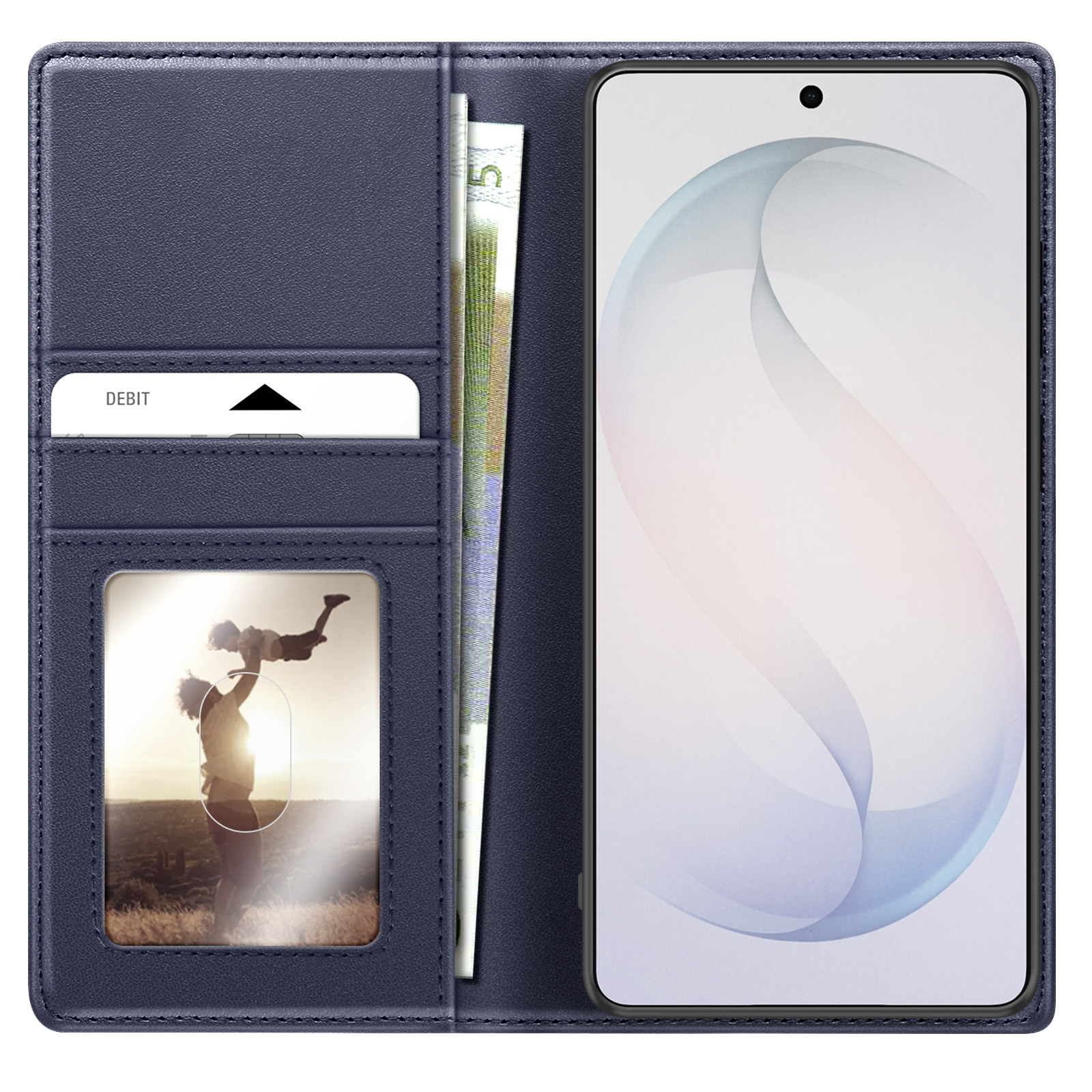 Portafoglio blu scuro con slot per telefono, soldi e foto padre-figlio.