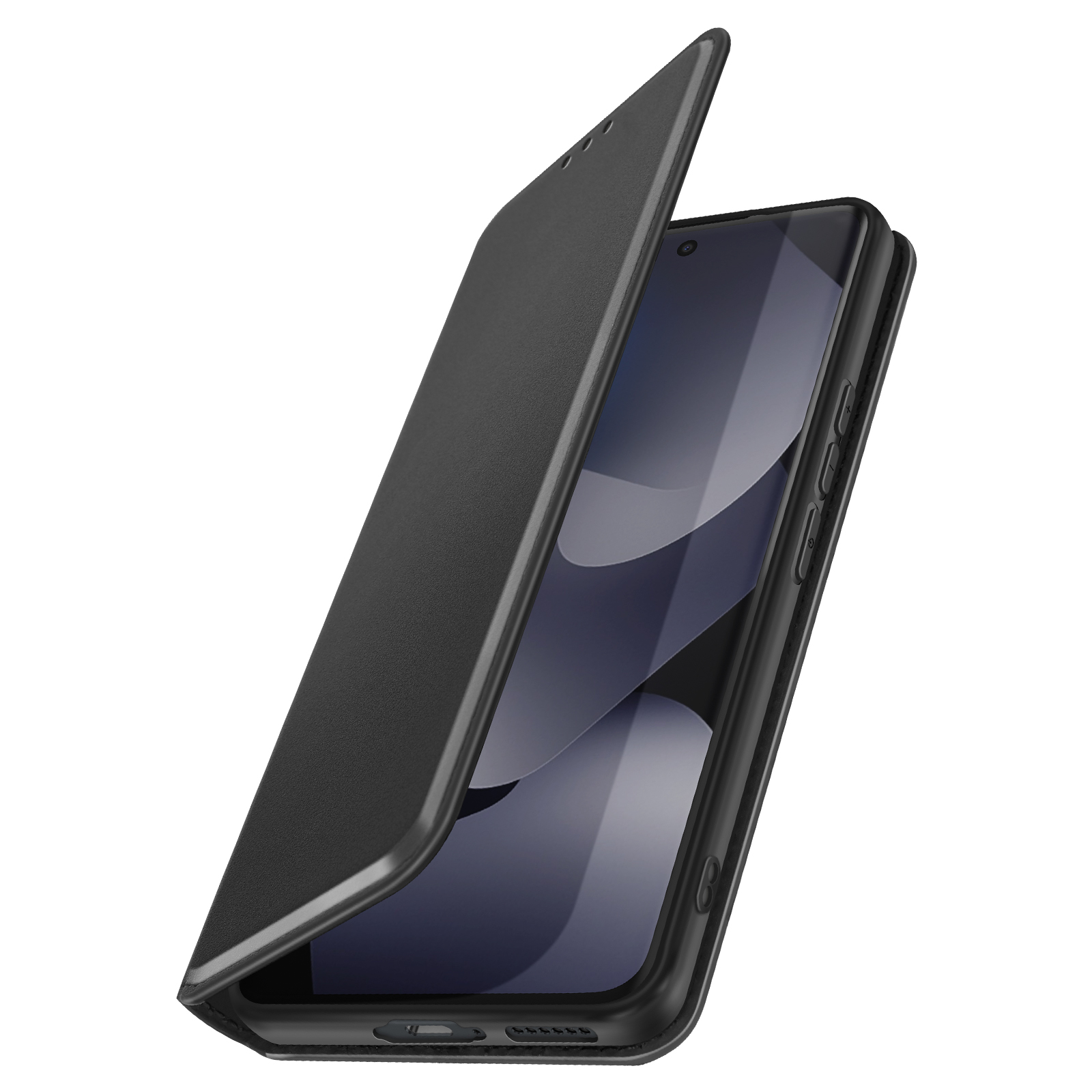 Uno smartphone nero con la custodia a libro aperta, sfondo bianco.