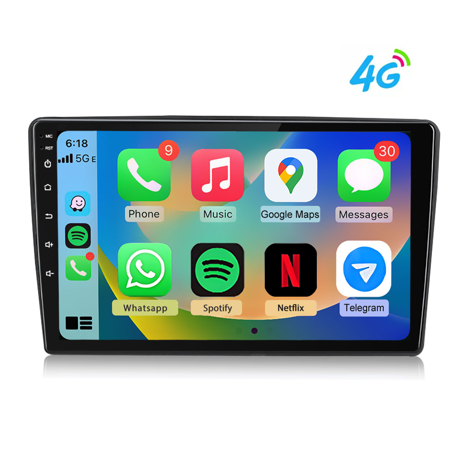 Ein Autoradio-Bildschirm mit Apps wie Telefon, Musik, Google Maps, Nachrichten, WhatsApp, Spotify, Netflix, Telegram.