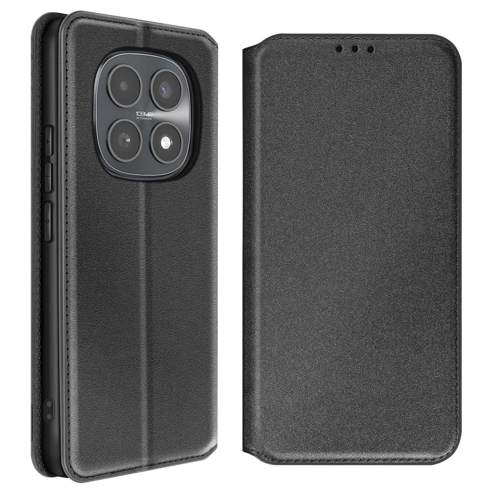 Custodia a libro nera per telefono, con sistema a quattro fotocamere posteriori.