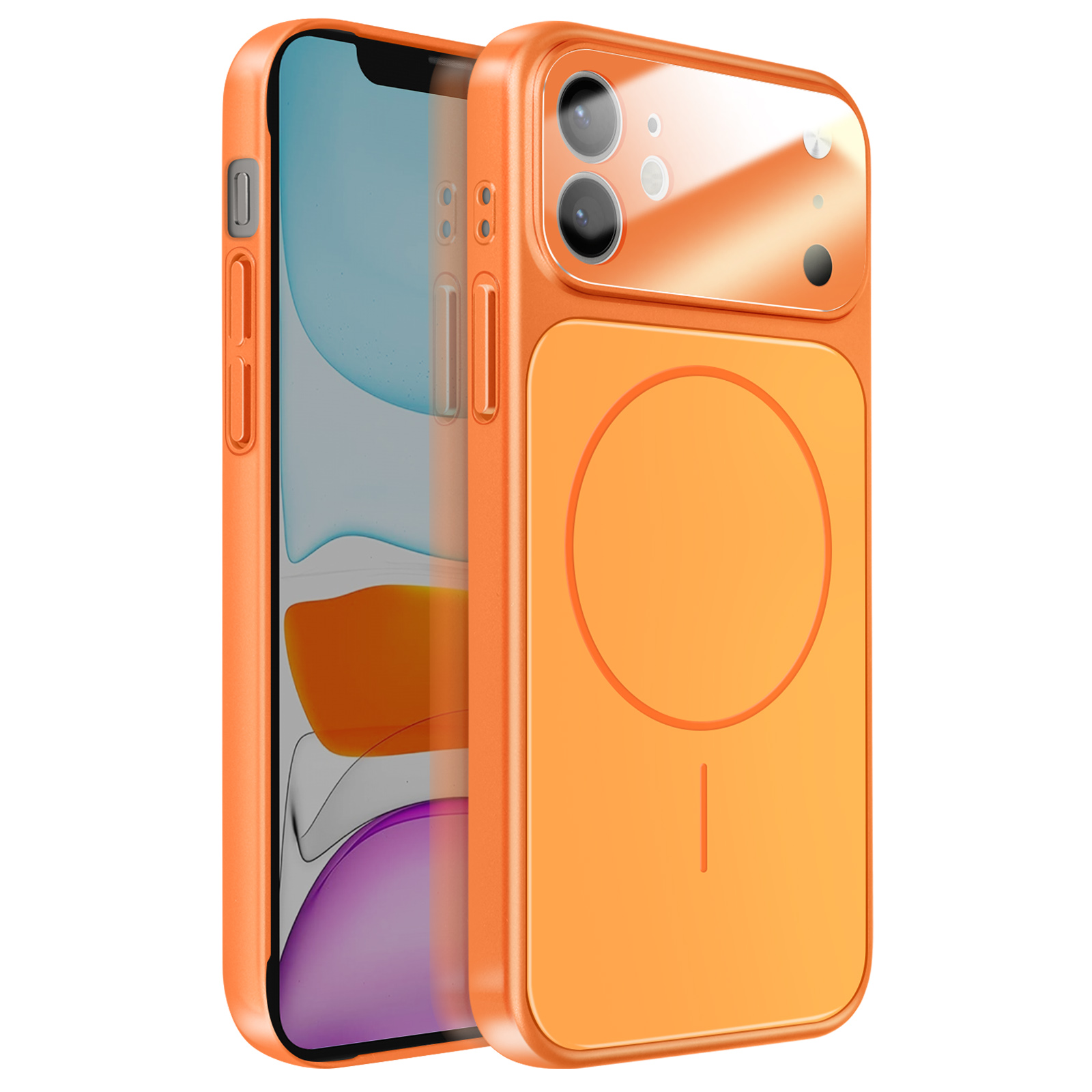 Un iPhone orange avec étui, présenté sur fond blanc.