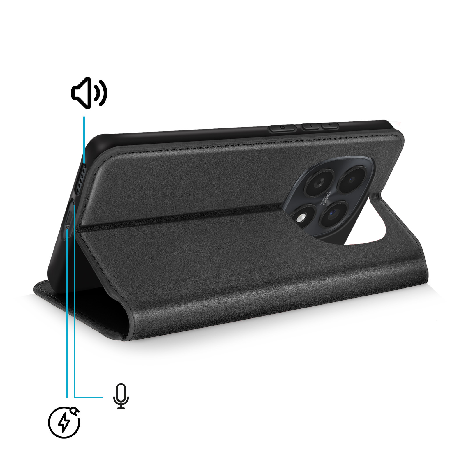 Un telefono nero in una custodia usata come supporto. Vengono mostrate icone audio e microfono.