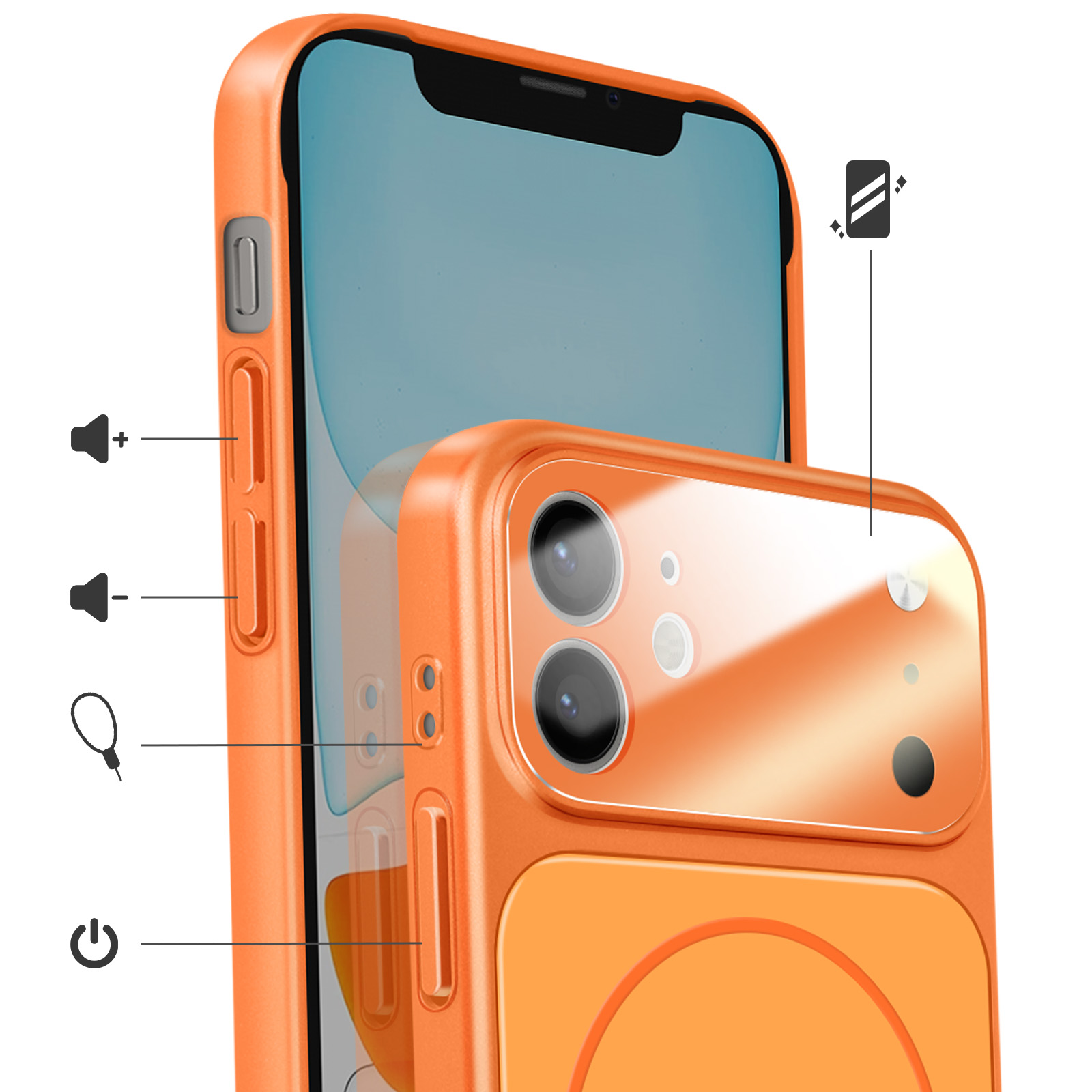 Coque de téléphone orange avec appareil photo et boutons. Fond blanc.