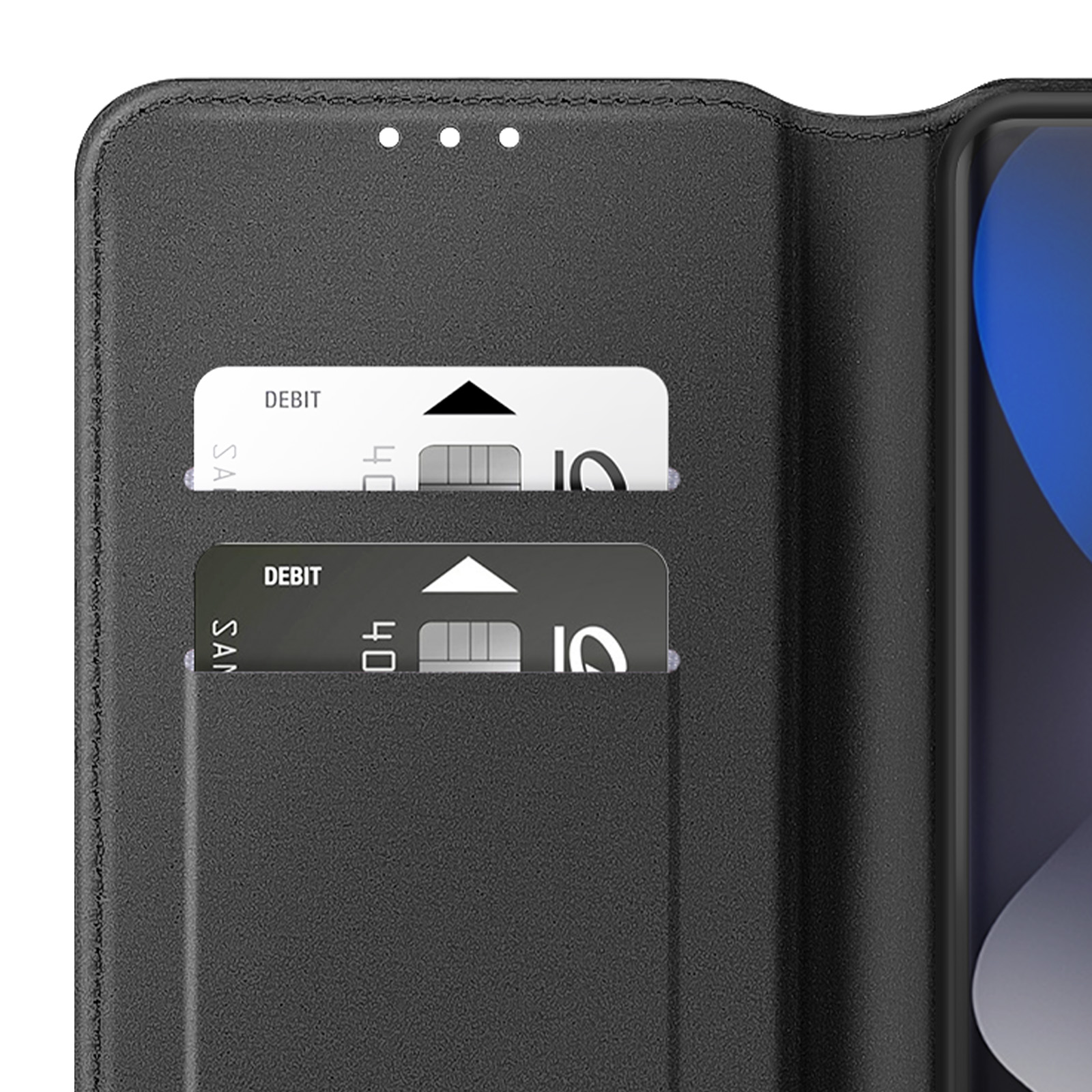 Custodia nera per telefono con due slot per carte di debito.