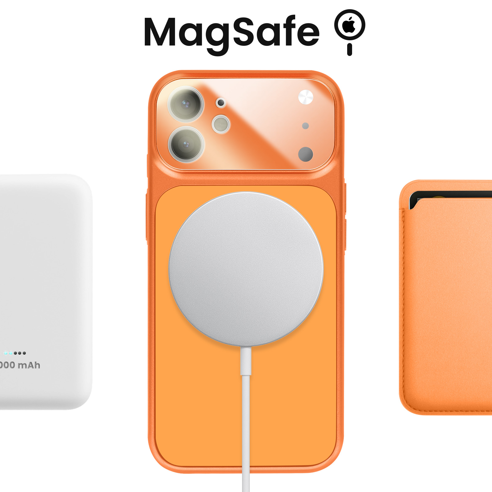 Un étui orange pour iPhone avec chargeur MagSafe, à côté d'une batterie externe blanche.