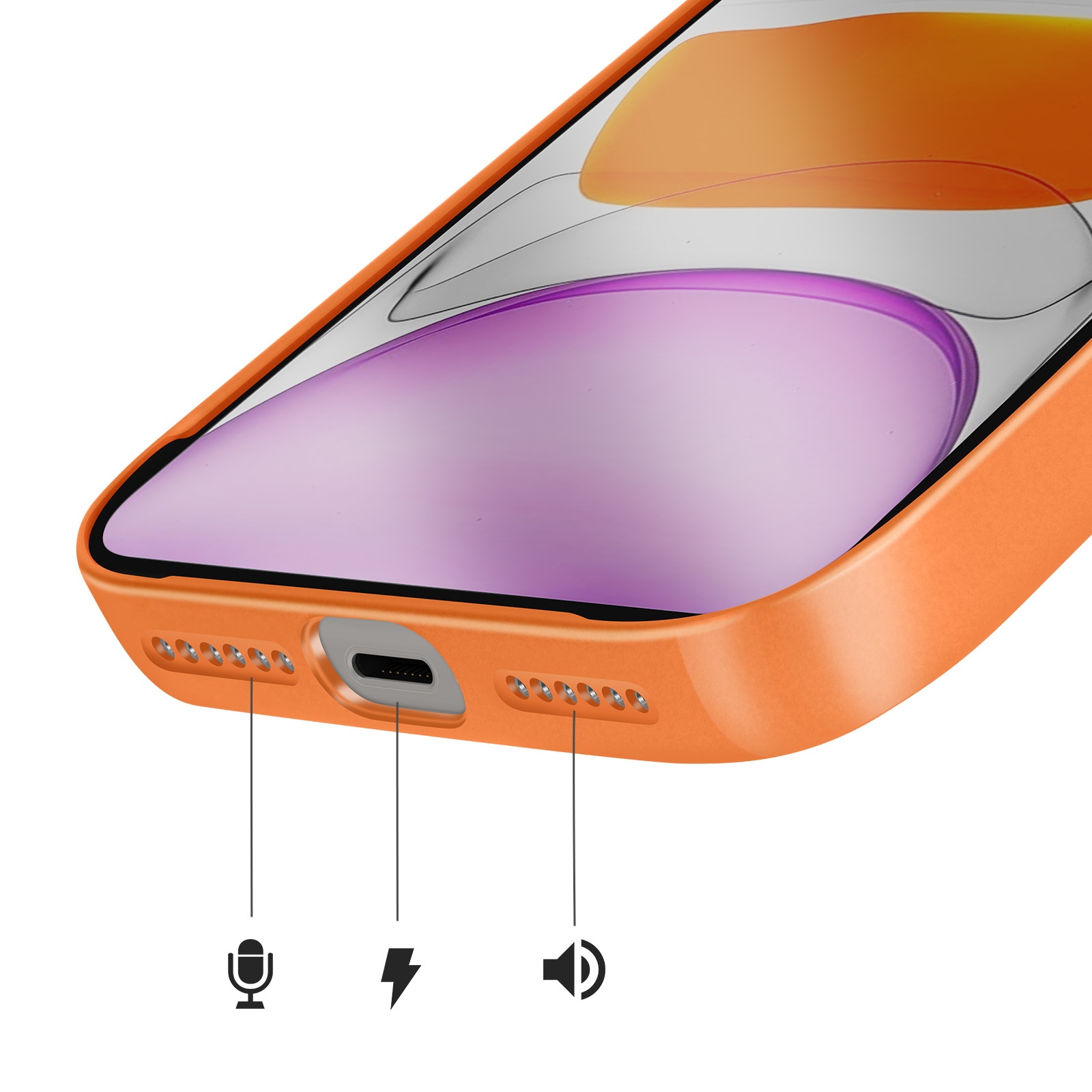 Gros plan d'une coque d'iPhone orange montrant le port de charge et les grilles.