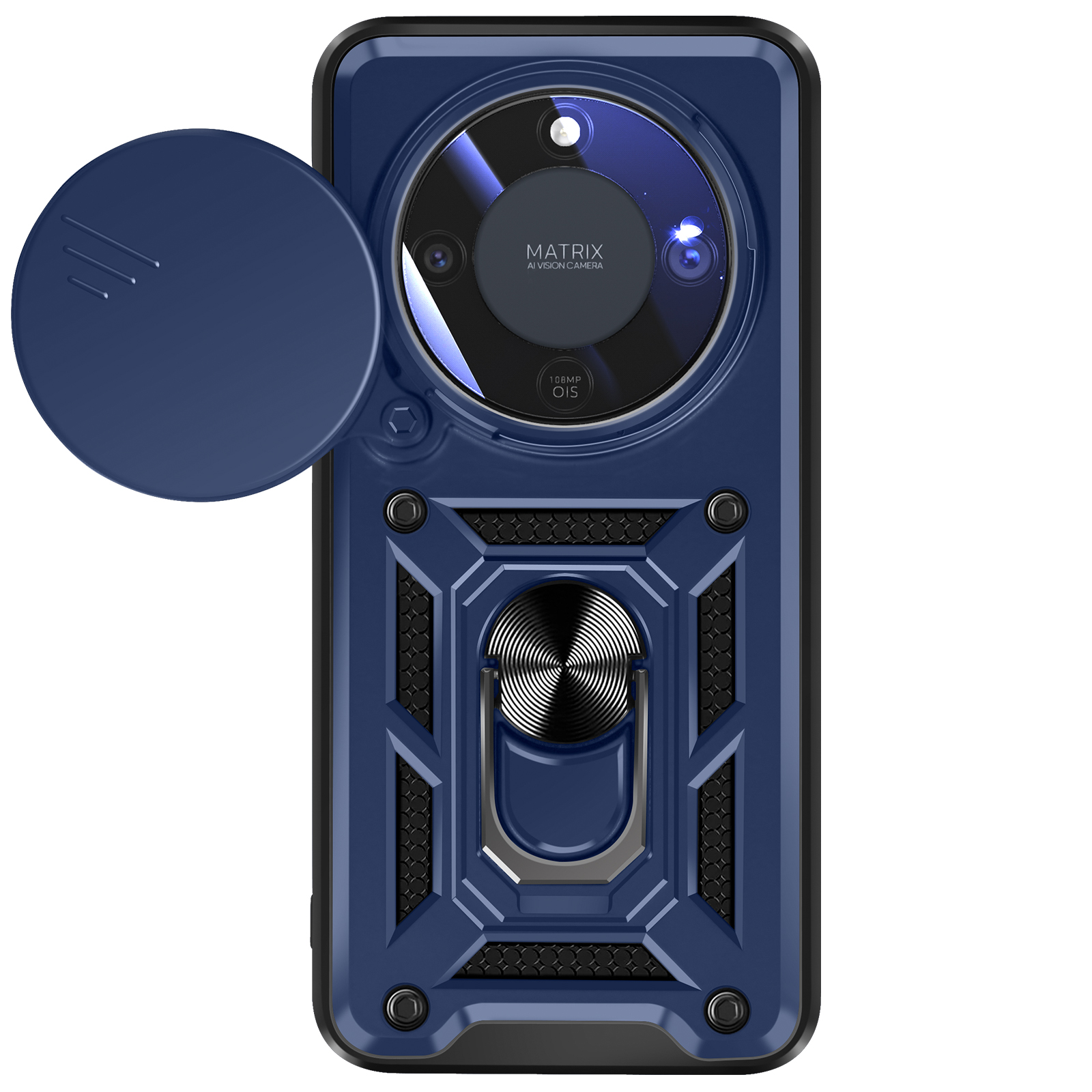 Blauw telefoonhoesje met cameralens-schuif, ringhouder en getextureerde details.