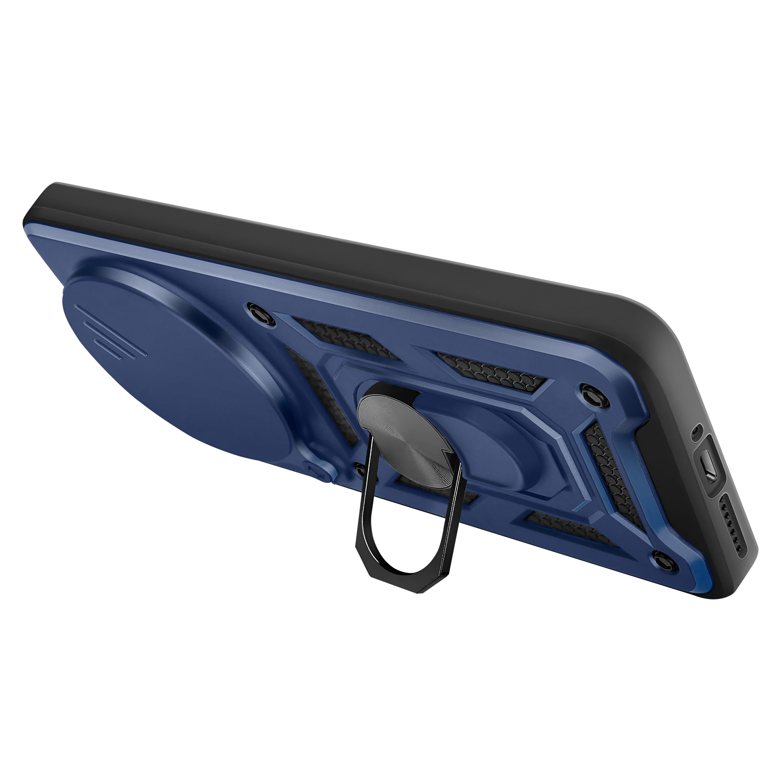 Een blauwe telefoonhoes met zwarte ringstandaard en getextureerde details.