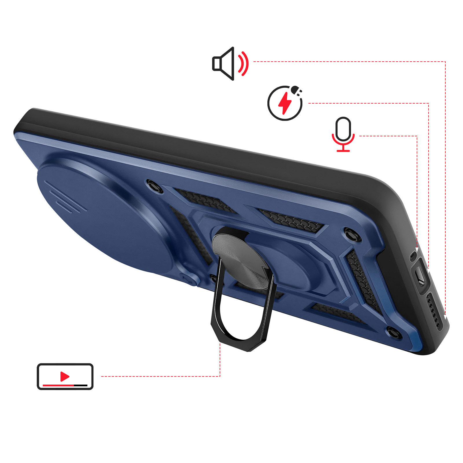 Blauw telefoonhoesje met ringhouder en iconen voor geluid, bliksem, microfoon, video.