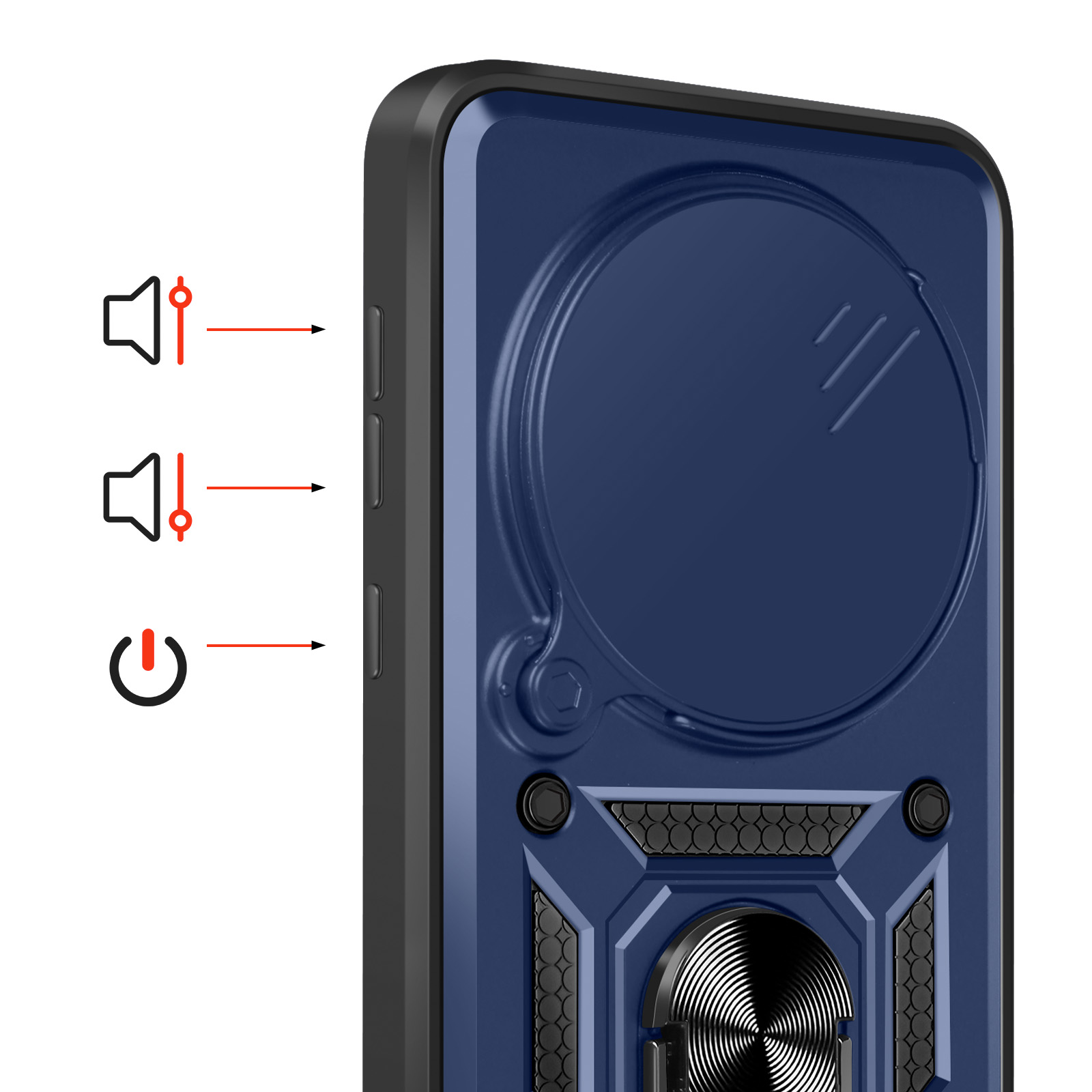 Blauw telefoonhoesje met links volume- en aan/uit-knopiconen.