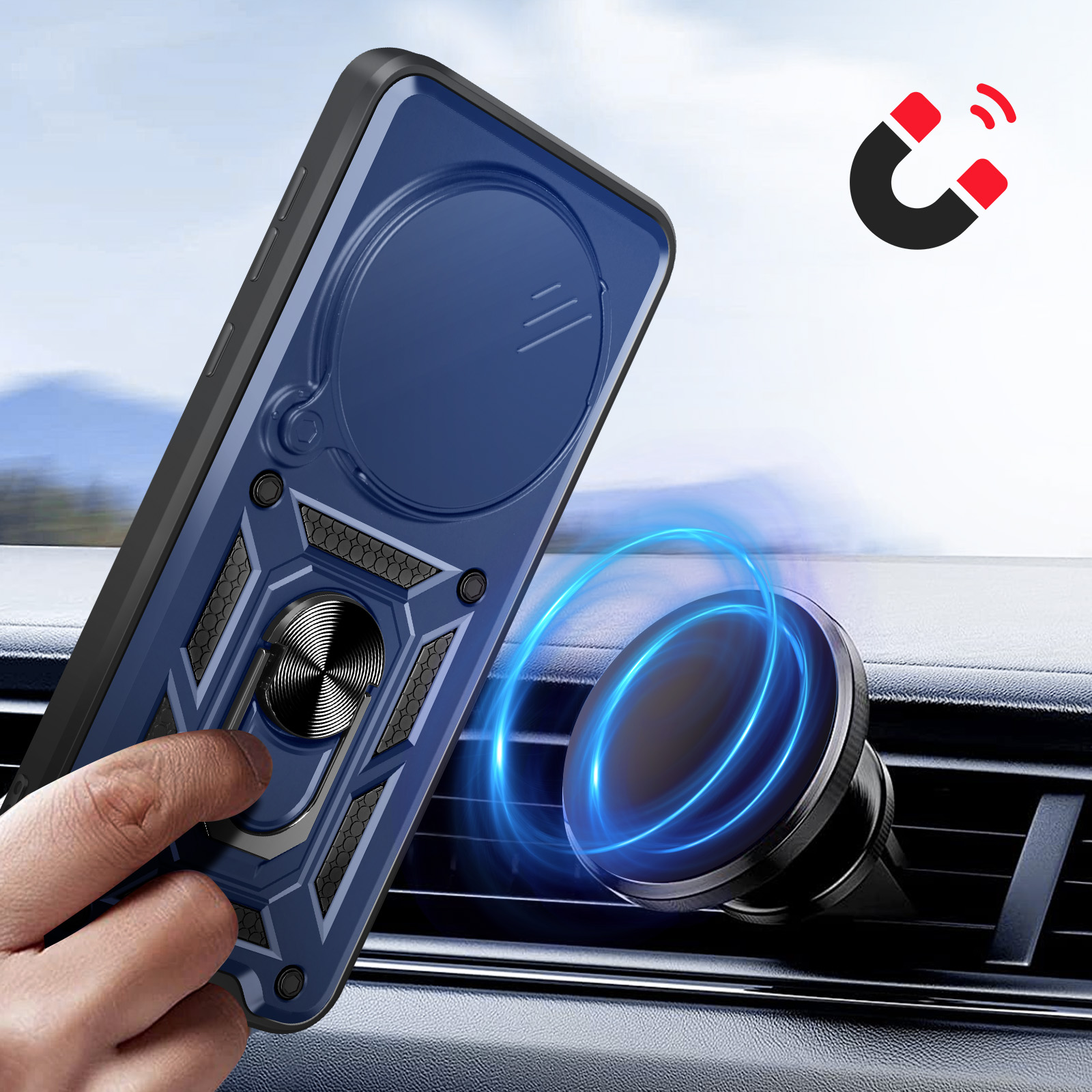 Blauw telefoonhoesje met magnetische autohouder. Blauwe magnetische golven.
