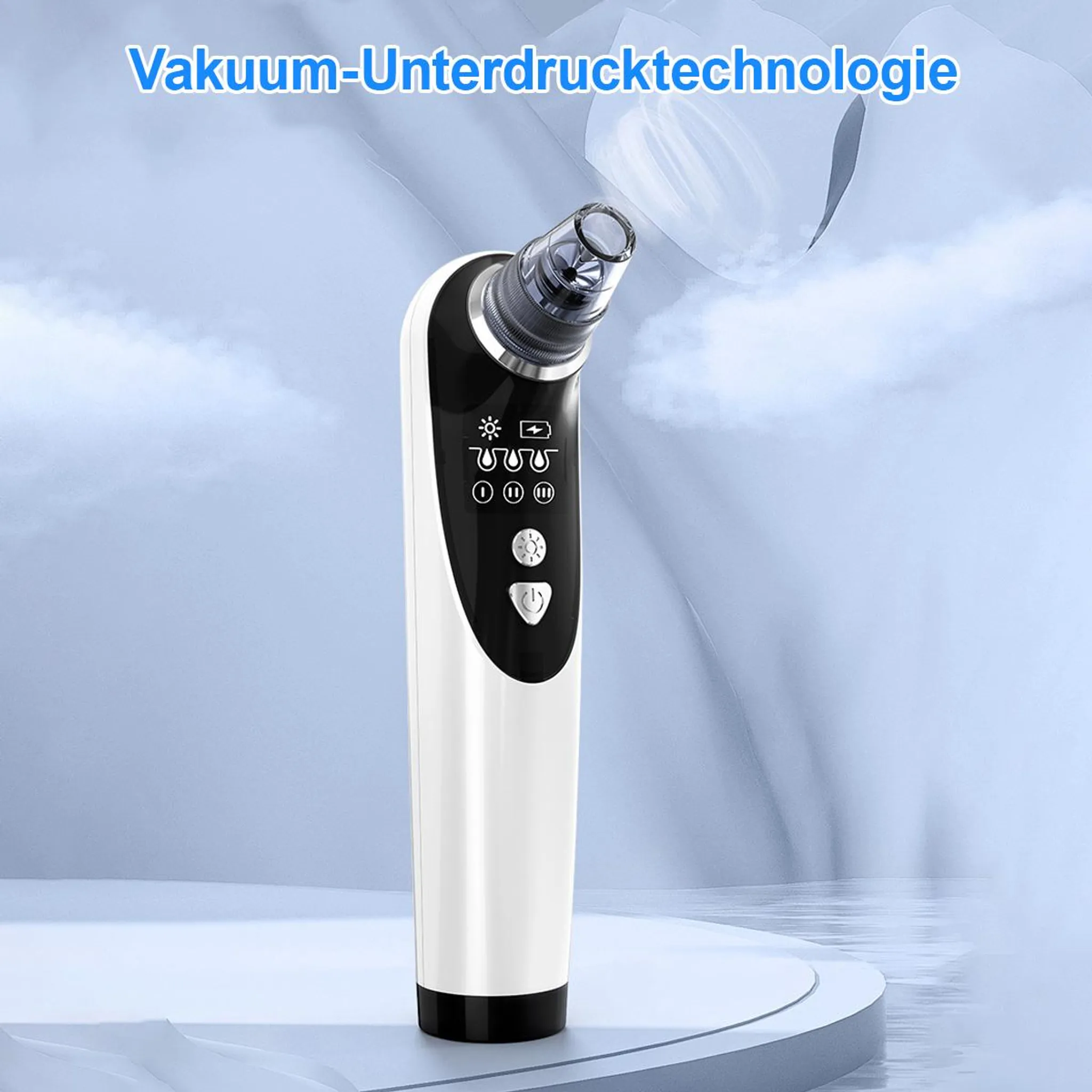 Ein weißes Hautpflegegerät mit schwarzem Griff und digitaler Anzeige.