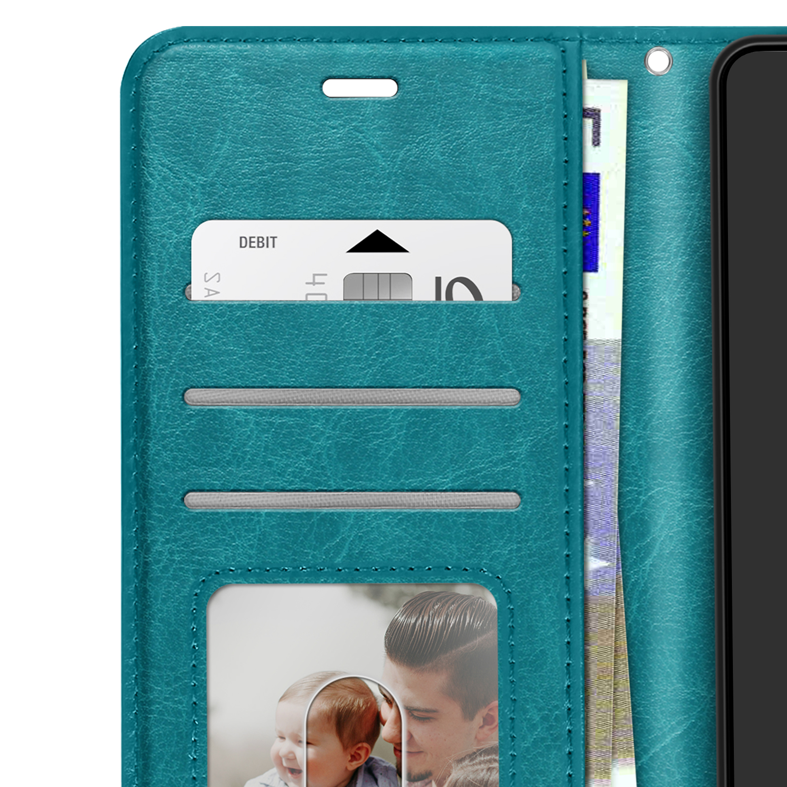 Custodia a portafoglio turchese con slot per carte, banconote e una foto.
