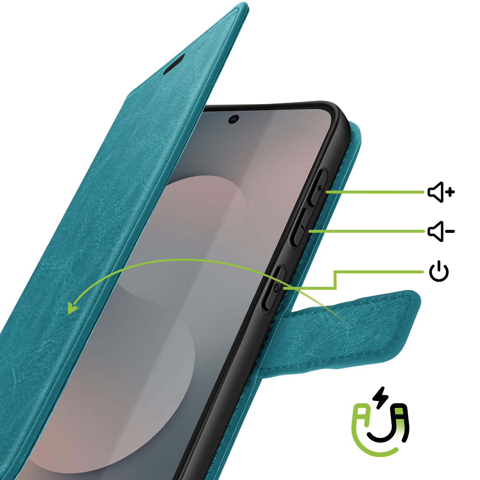 Custodia a libro turchese per smartphone. Pulsanti volume e accensione visibili. Chiusura magnetica.