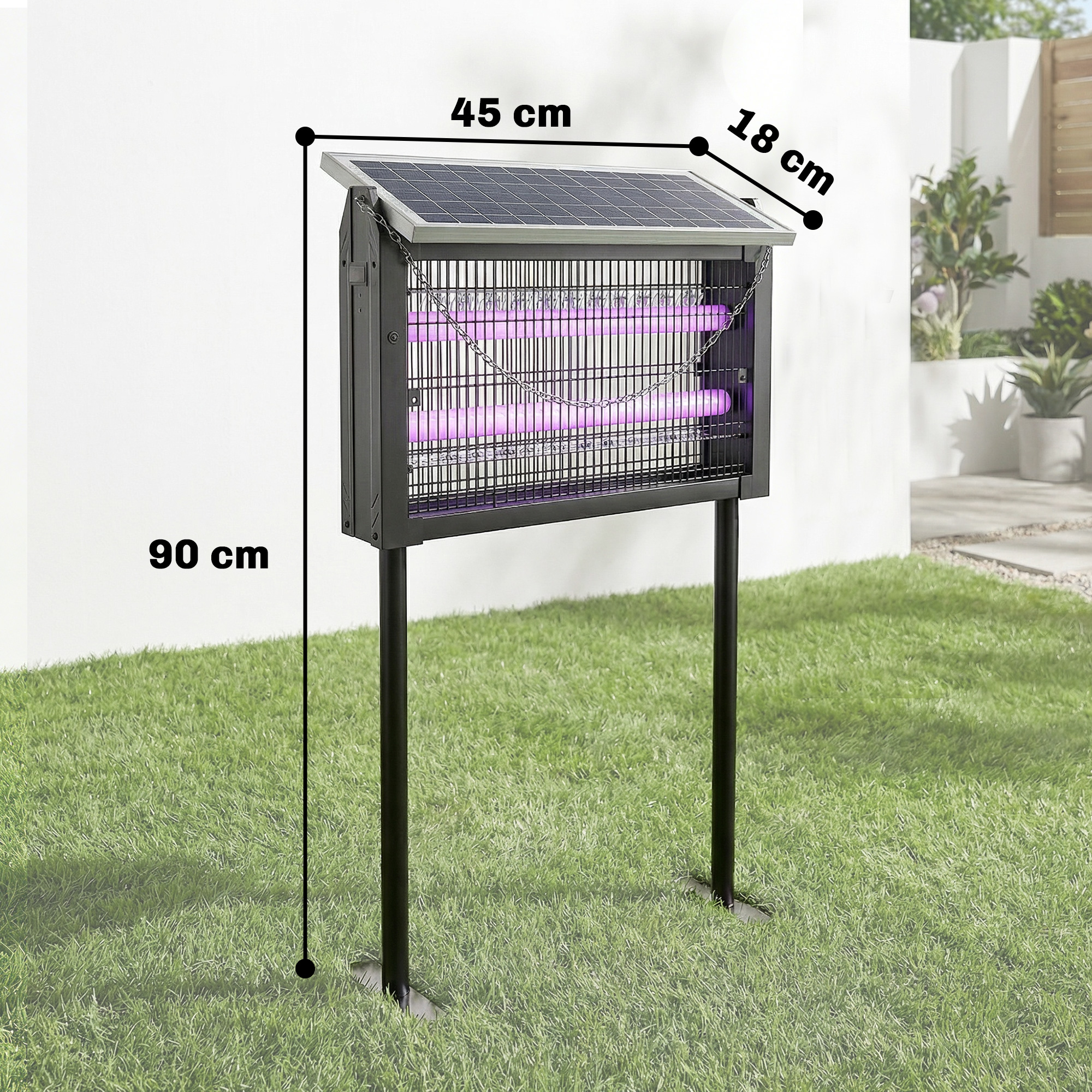 Disinfestatore solare con luce viola sull'erba, alto 90cm, 45x18cm.