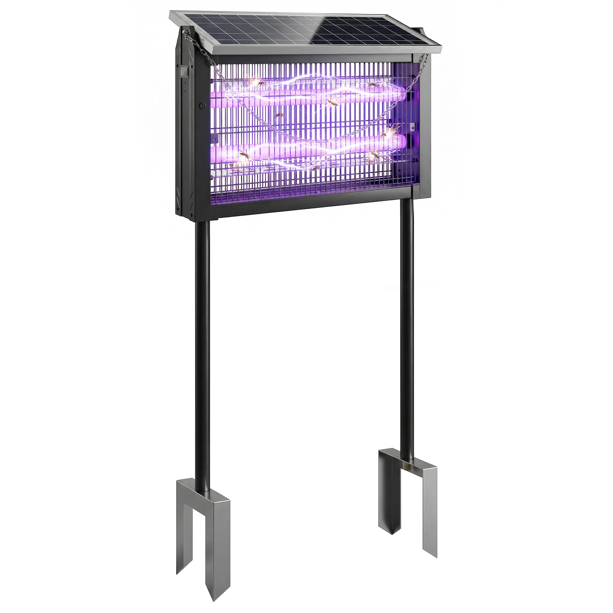Uno zapper solare per insetti con luce UV viola e griglie metalliche, montato su due pali.