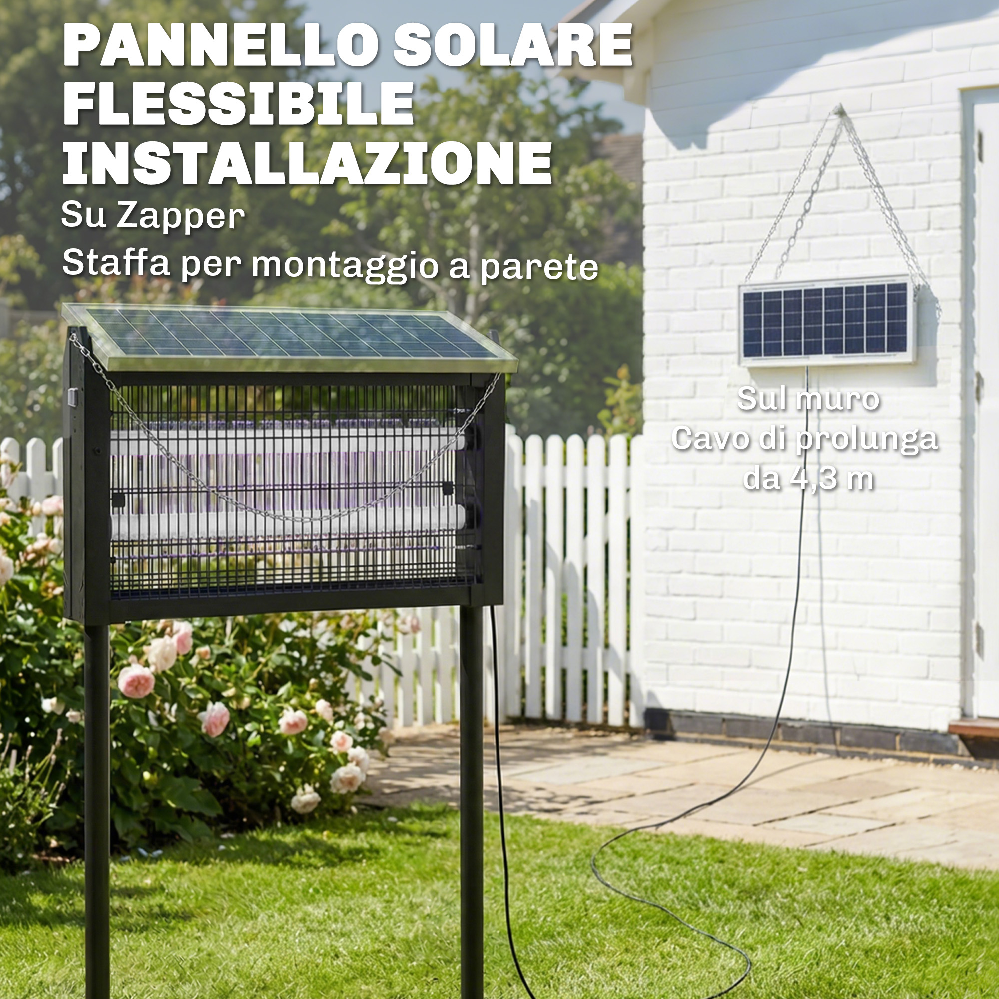 Un disinfestatore da esterno su piedistallo con pannello solare e pannello solare a parete.