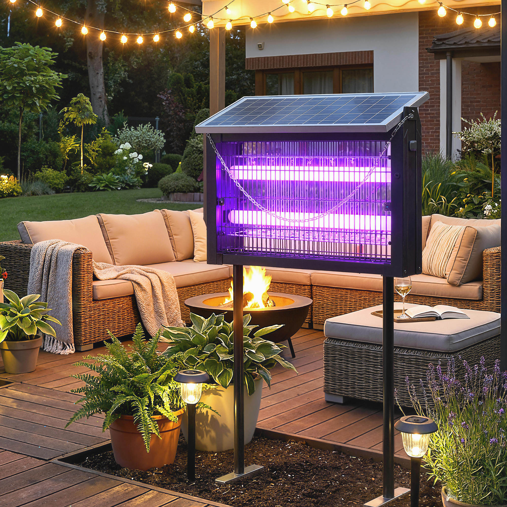 Mobili da giardino con braciere, zapper per insetti e luminaria a corda al crepuscolo.