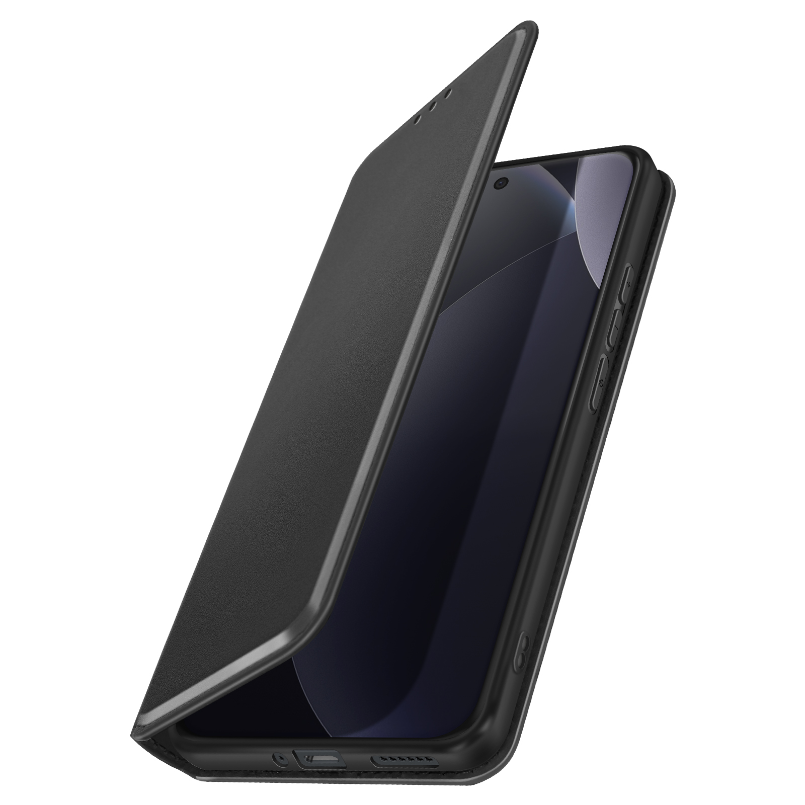 Uno smartphone nero in una custodia aperta testurizzata, su sfondo bianco.