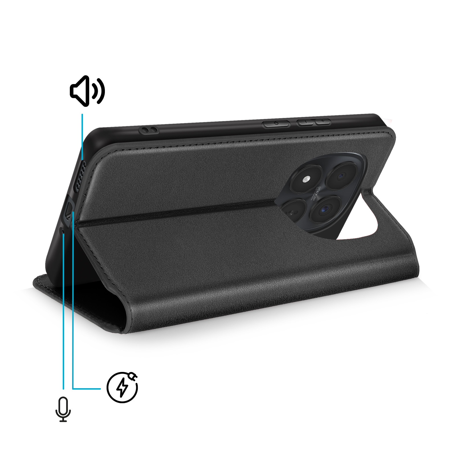 Telefono nero in custodia di pelle usata come supporto. Icone altoparlante, microfono e porta di ricarica.