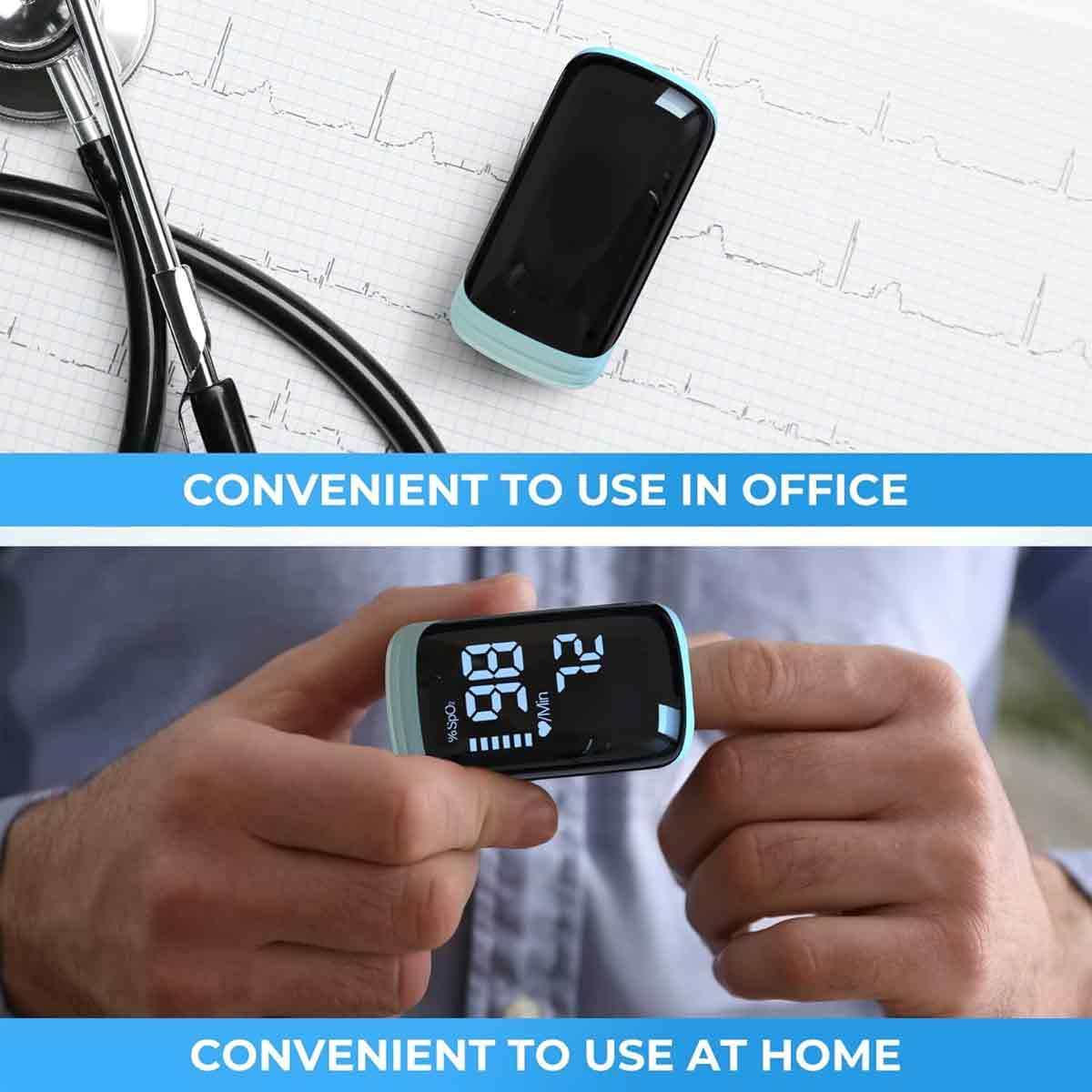 Ein Pulsoximeter auf einem EKG-Papier und in der Hand.