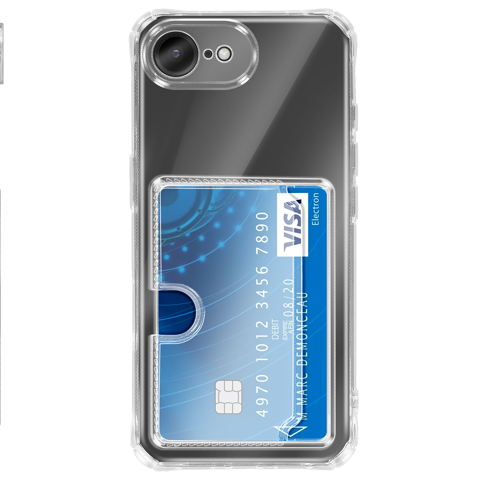 Coque de téléphone transparente avec carte de crédit Visa visible.