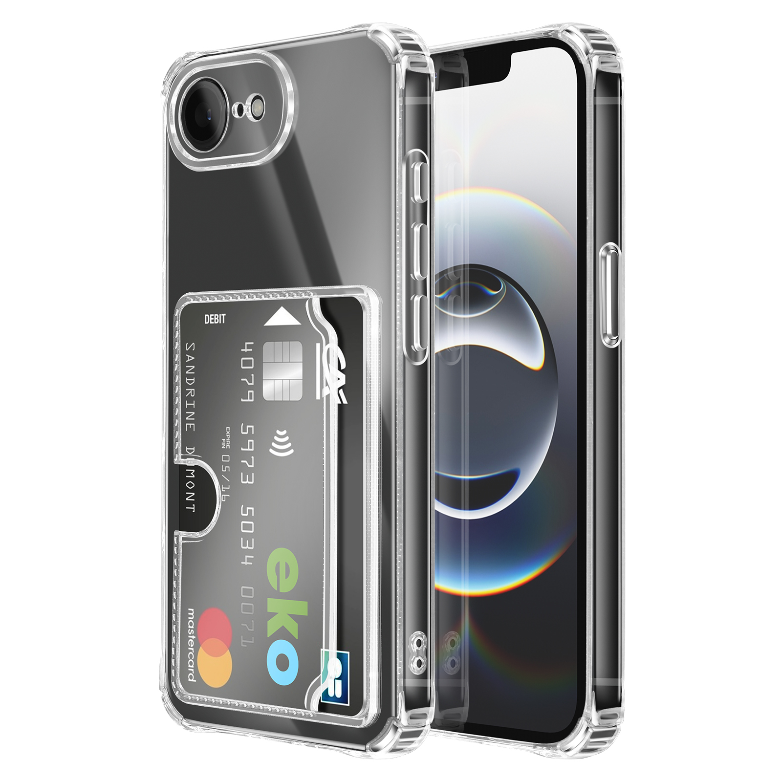 Coque de téléphone transparente avec fente pour carte et téléphone.