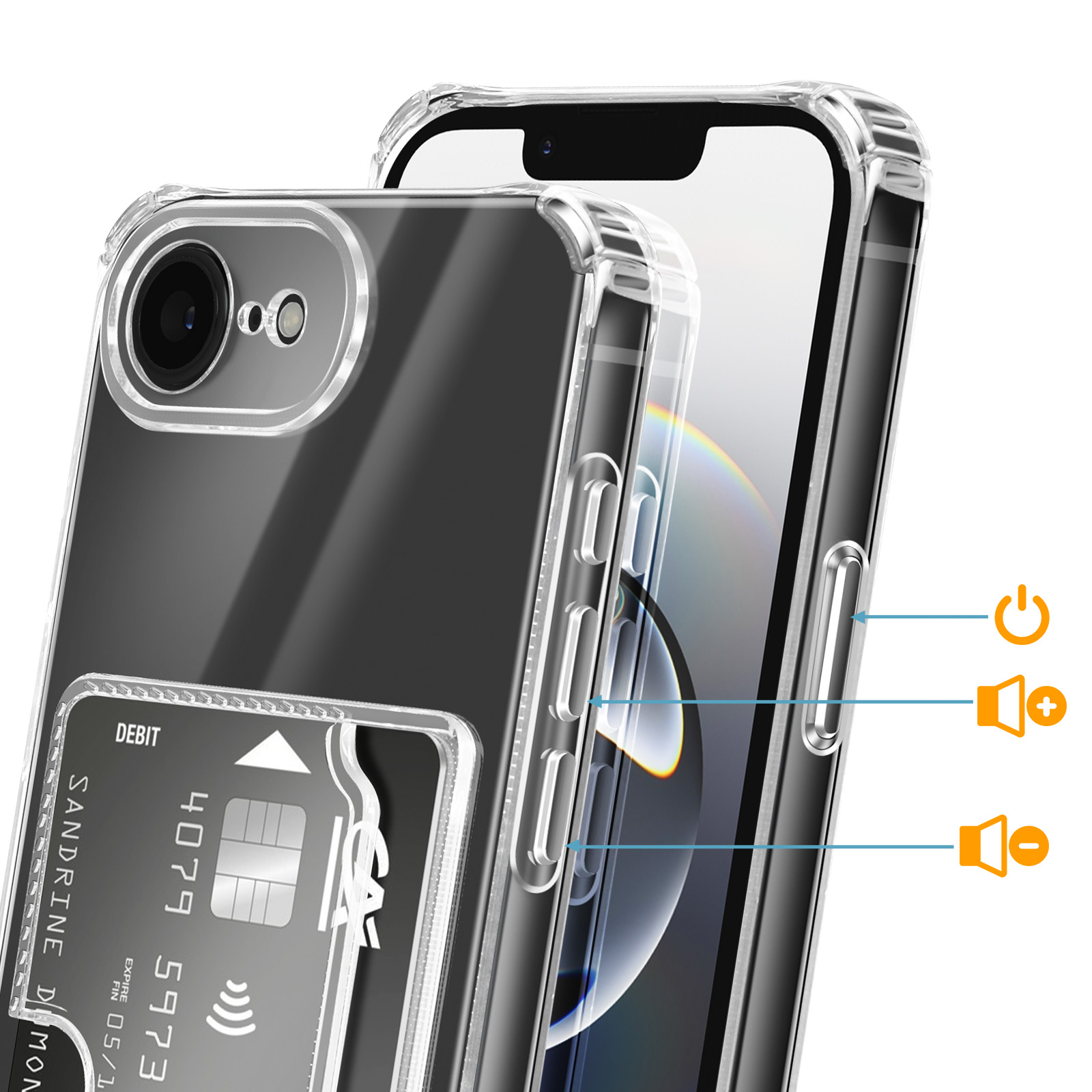 Coque de téléphone transparente avec porte-cartes, montrant les boutons volume et marche/arrêt.