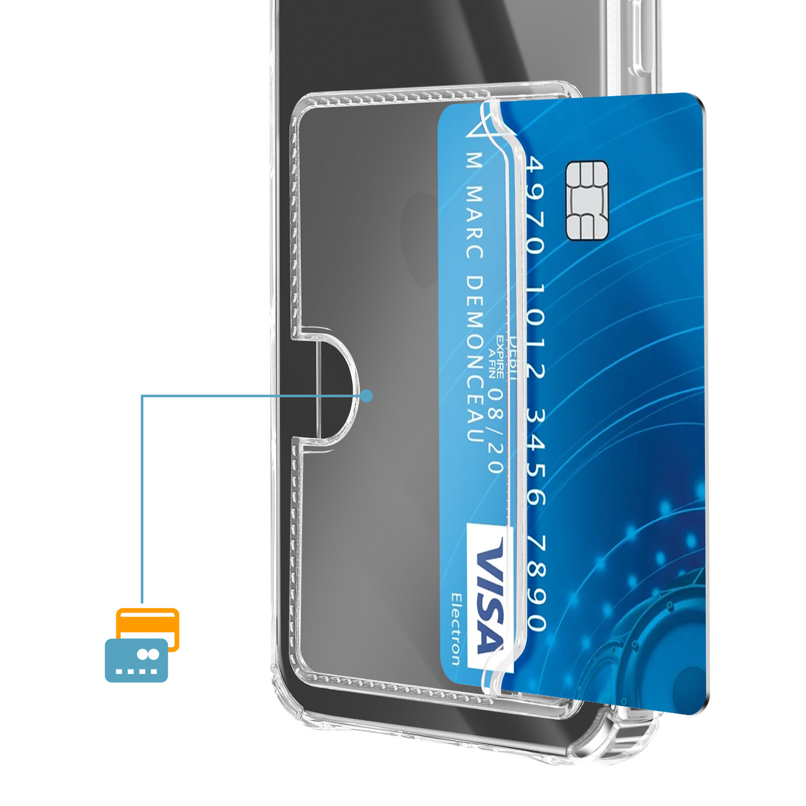 Un étui transparent tenant une carte de débit Visa bleue.