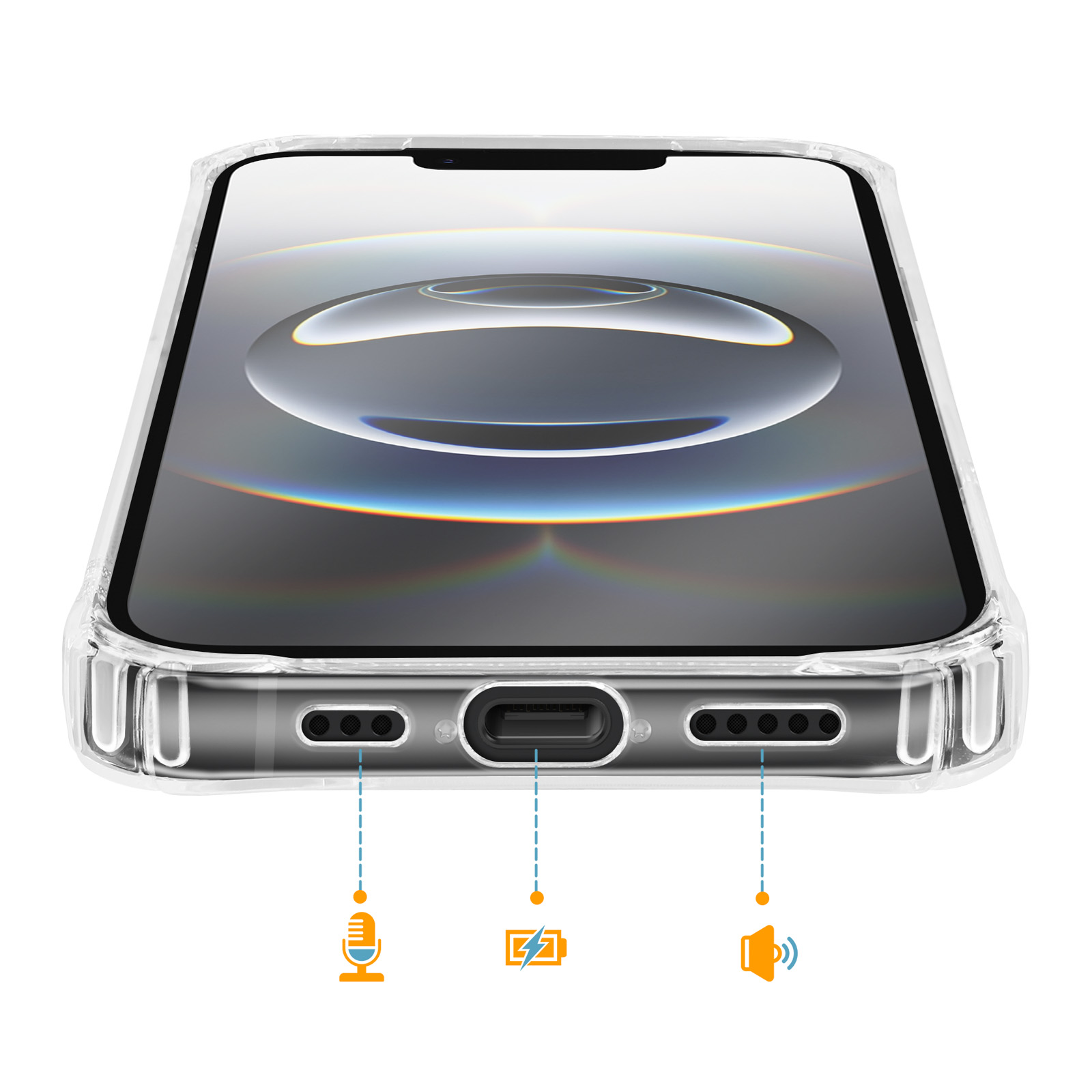 Une coque de téléphone transparente montre micro, port de charge et haut-parleur en bas.
