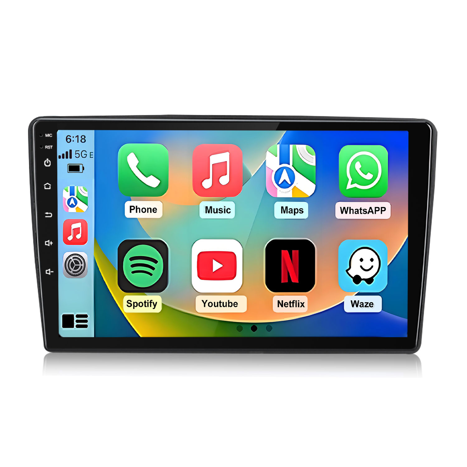 Una pantalla de infoentretenimiento de coche muestra iconos de aplicaciones como Teléfono, Música, Mapas y WhatsApp.