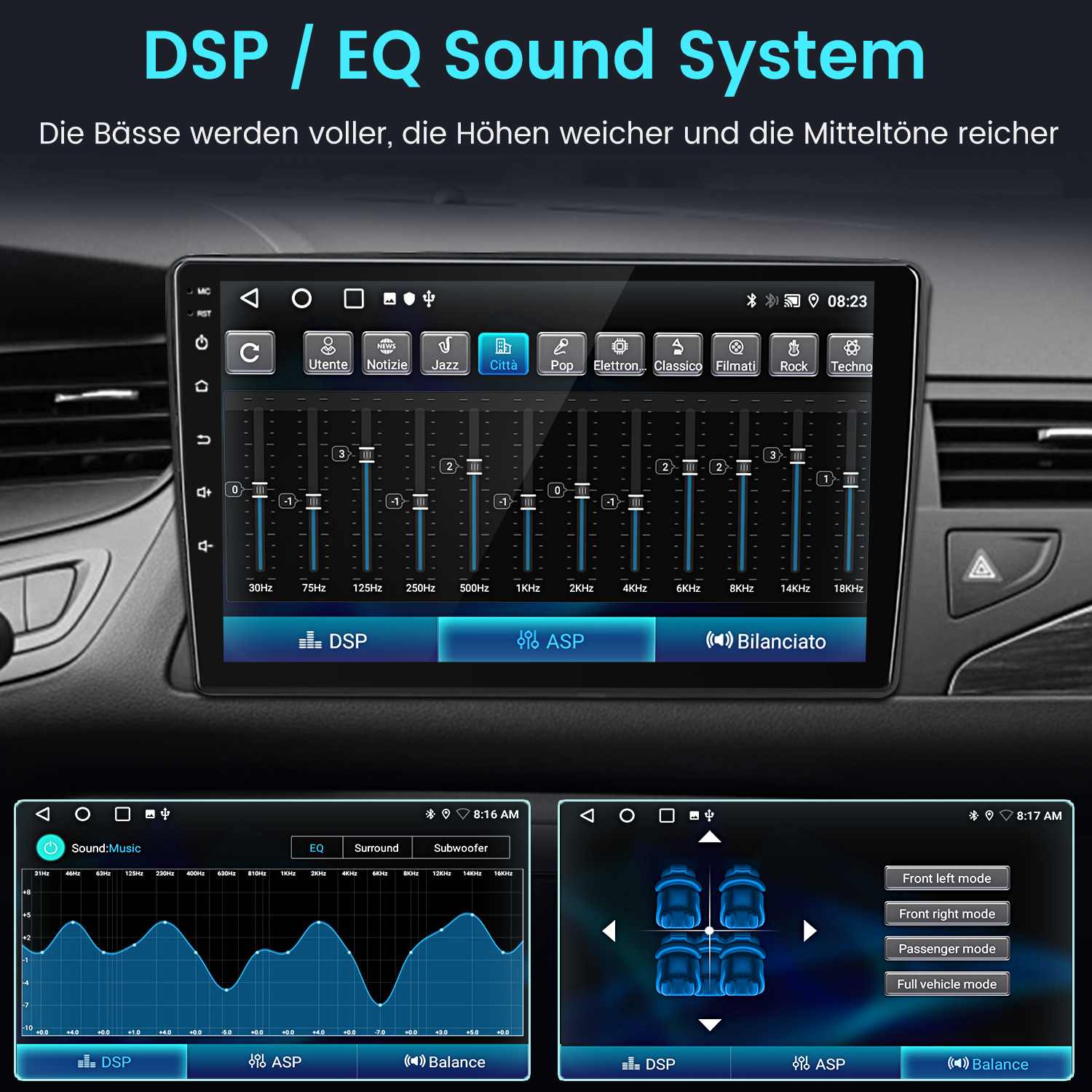 Ein Auto-Infotainment-Display zeigt Equalizer-Einstellungen und Klangmodi.