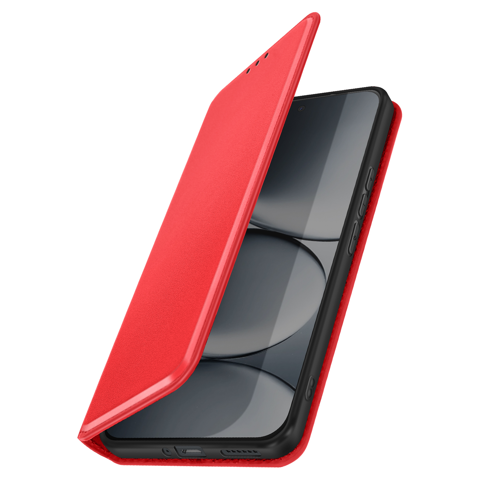 Custodia a libro rossa per smartphone con copertina aperta, schermo e pulsanti in vista.
