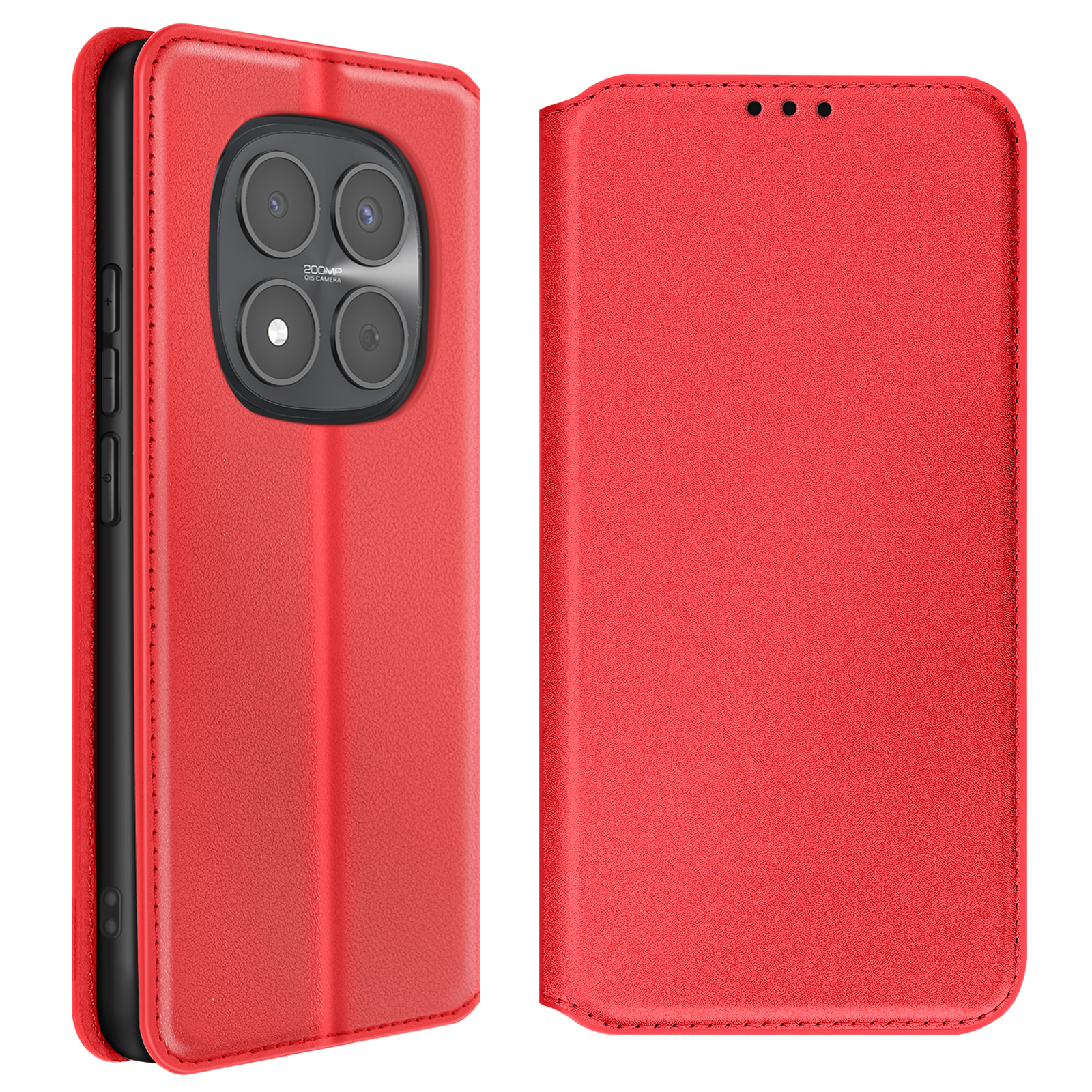 Custodia rossa per telefono con ritaglio fotocamera e pulsanti laterali. Vista chiusa.