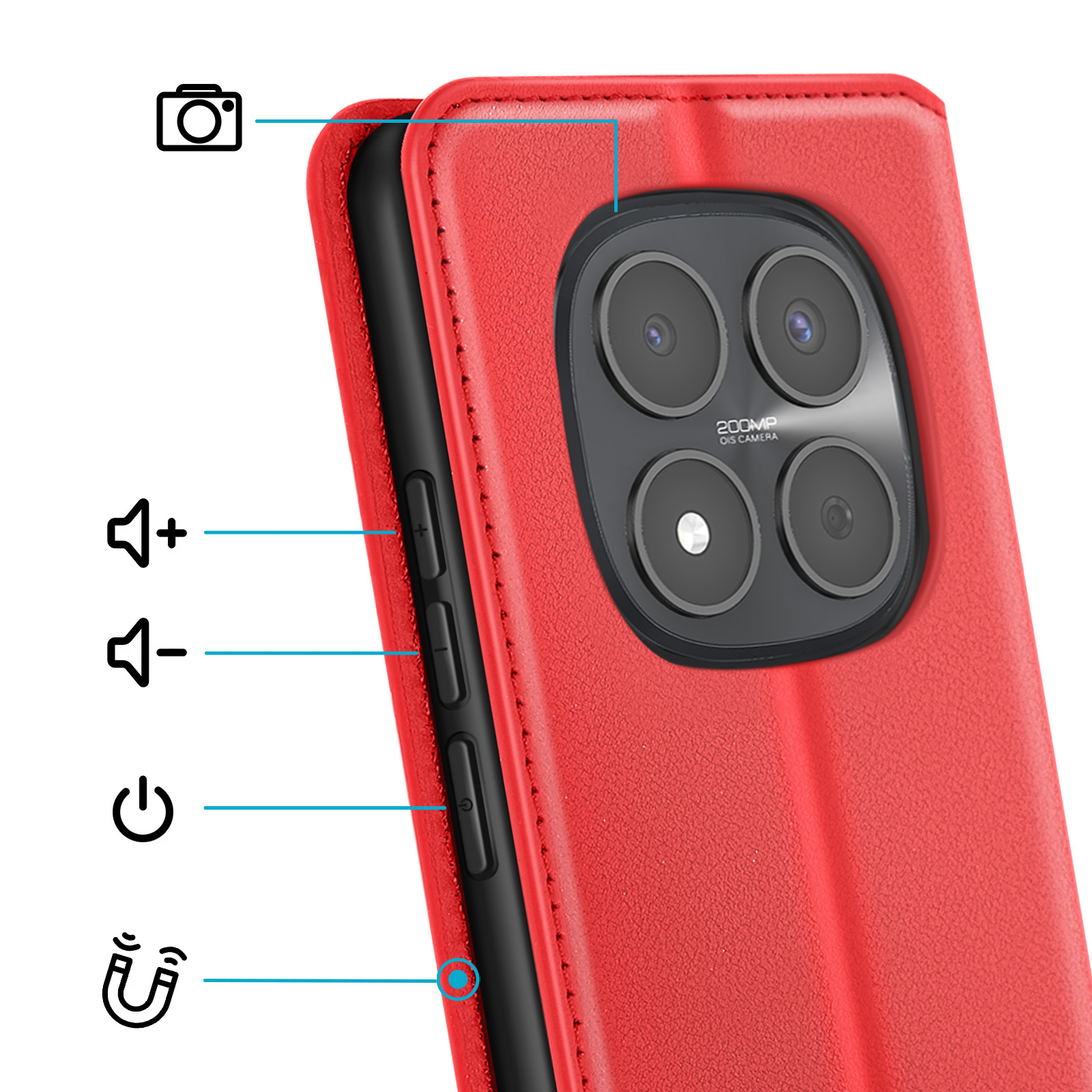 Custodia rossa per telefono con pulsanti fotocamera, volume, accensione e magnete.