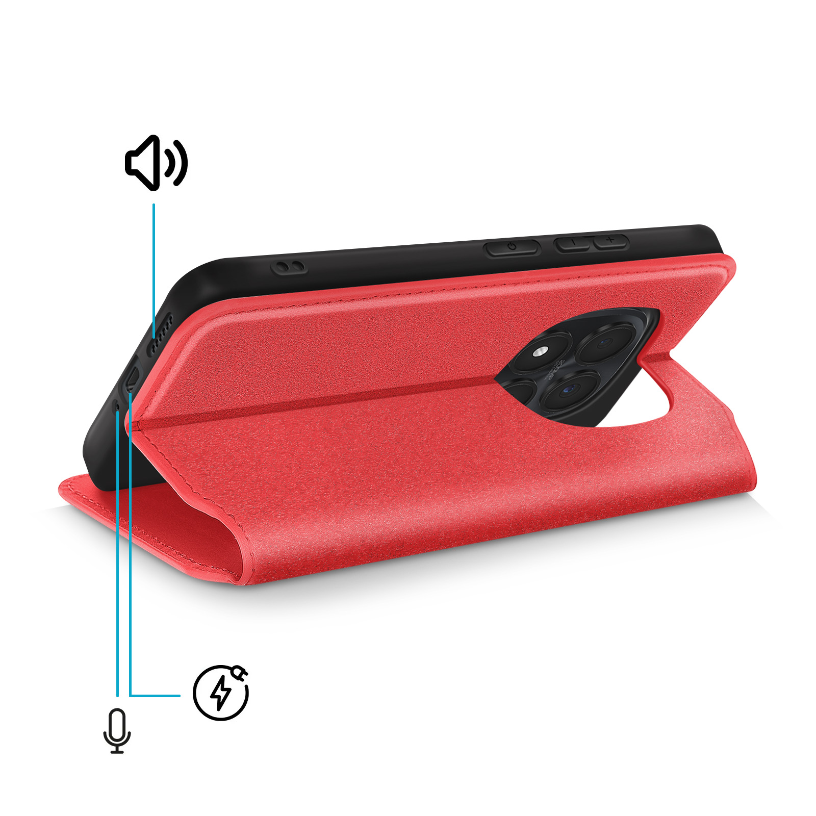Custodia rossa per telefono con ritaglio fotocamera e icone altoparlante/microfono.
