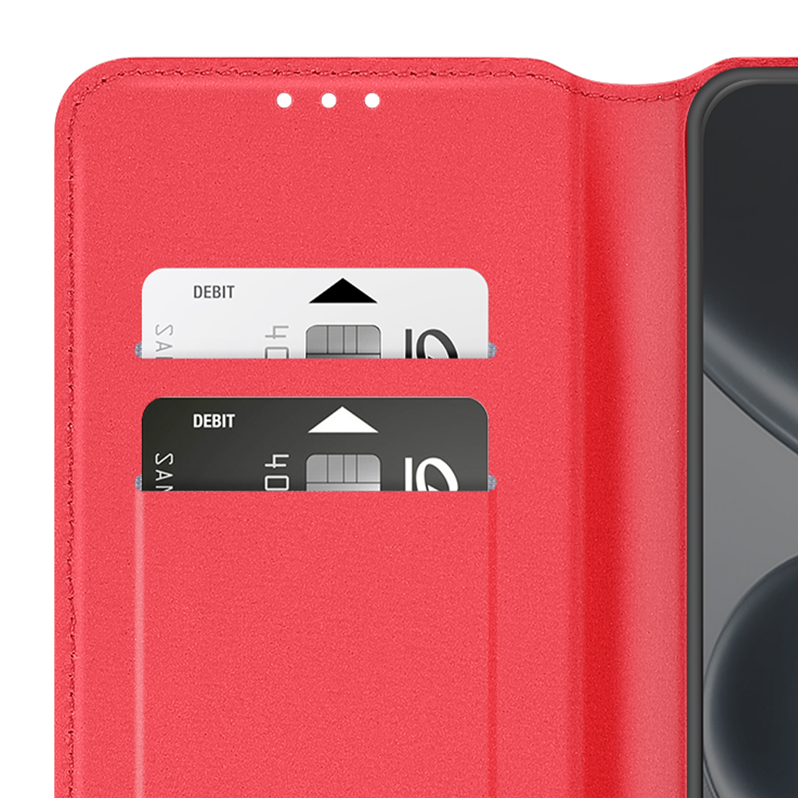 Custodia rossa per telefono con due fessure per carte, una bianca, una nera.