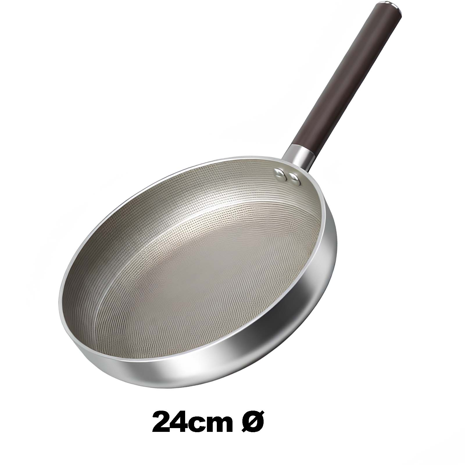 Une poêle argentée avec un manche marron, marquée "24cm Ø".