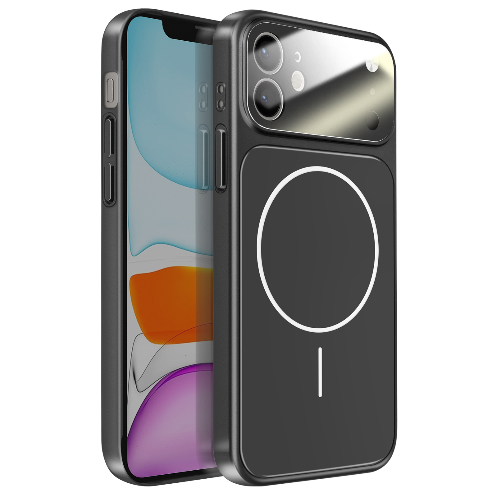 Coque de téléphone noire avec bosse de caméra et motif cercle/ligne.