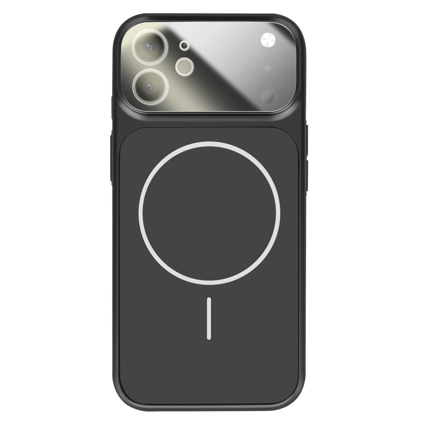 Coque de téléphone noire avec trois caméras et symbole cercle/trait.